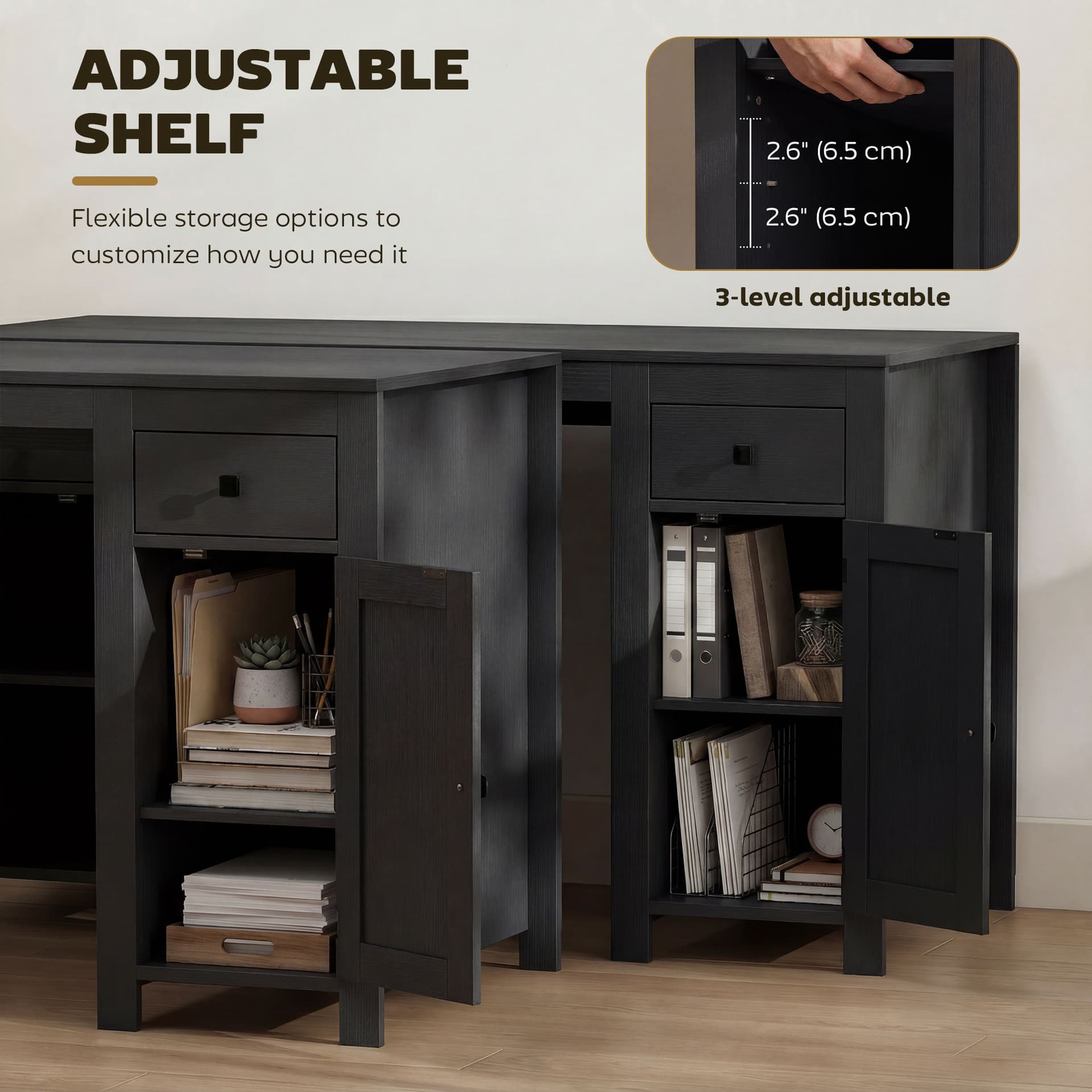 53" Farmhouse Executive Desk, Computer Desk with Drawers and 2 Cabinets, Study Table for Home Office, Black Wood Grain - Writing Desks - Office Furniture