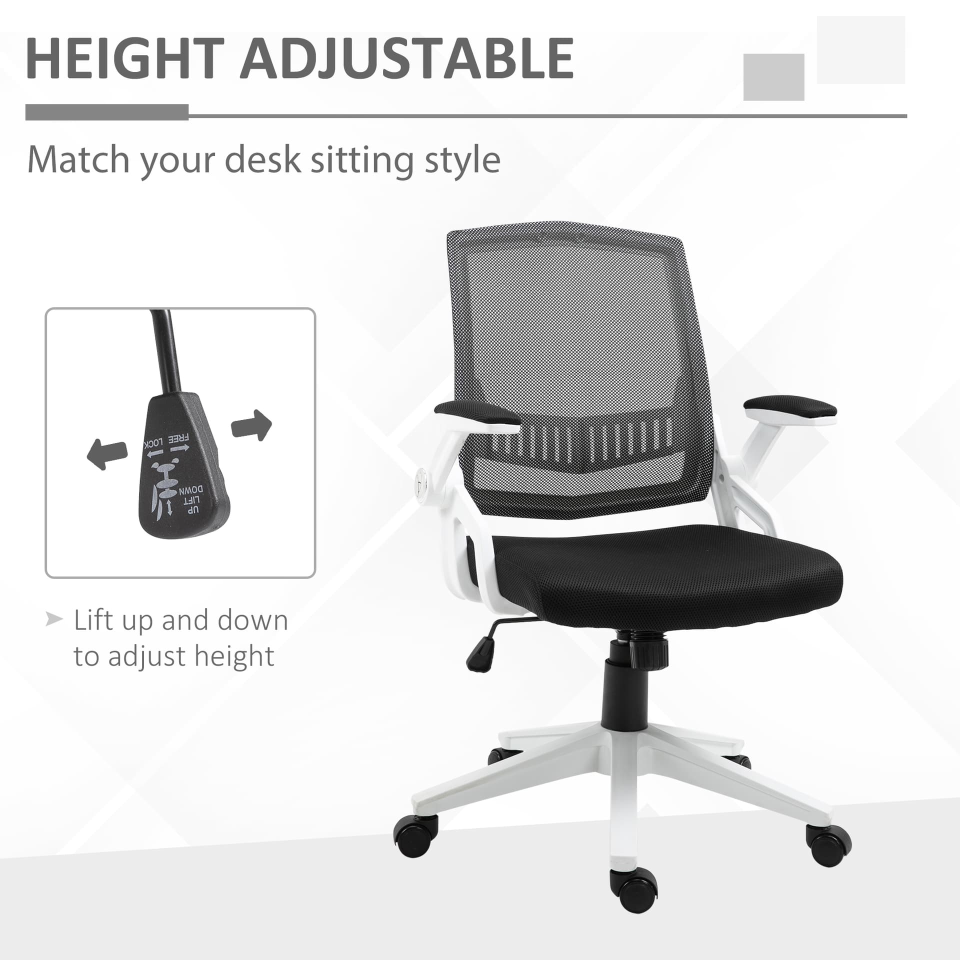 Vinsetto Mesh Office Chair Swivel Task Desk Office Chair with Lumbar Back Support, Adjustable Height, Flip-Up Arm, Black - Desks - Office Furniture
