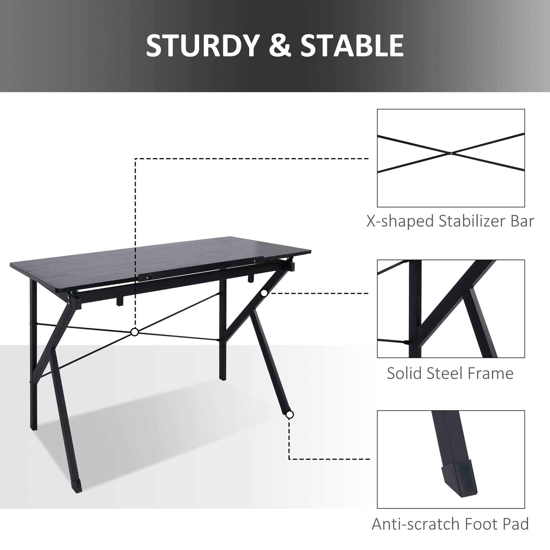 HOMCOM Height Adjustable Drawing and Drafting Table Tiltable Tabletop Black - Office Products - Office Furniture