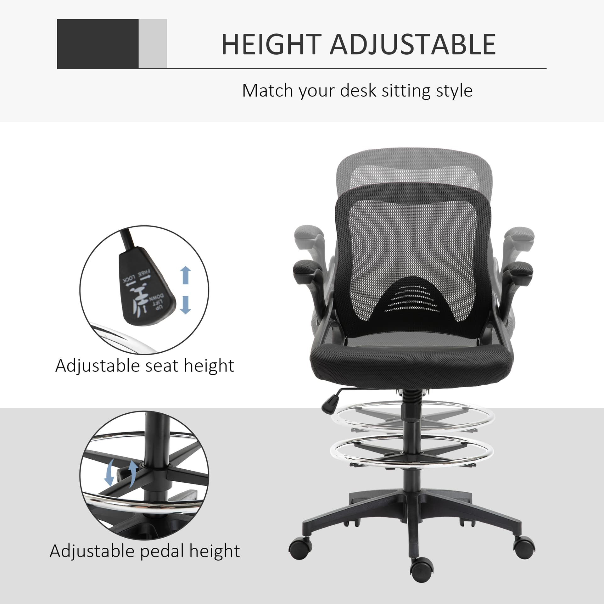 Vinsetto Adjustable Drafting Office Chair Tall Office Stand Up Chair with Flip-up Armrest and Foot Ring, 360° Swivel, Black - Office Chairs - Office Furniture