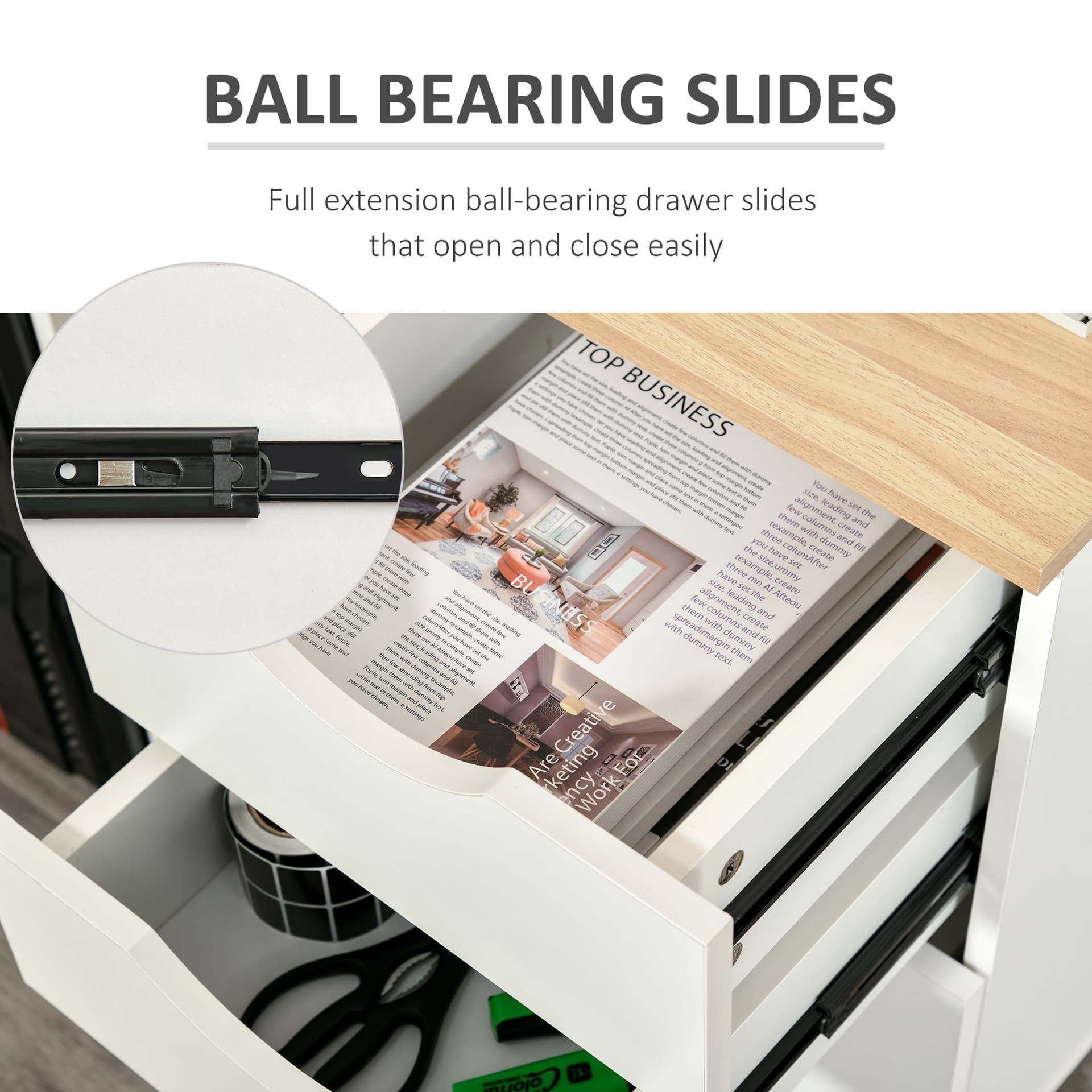 HOMCOM 3-Drawer Storage Cabinet with Wheels for Home Office, White and Natural - Office Products - Office Furniture