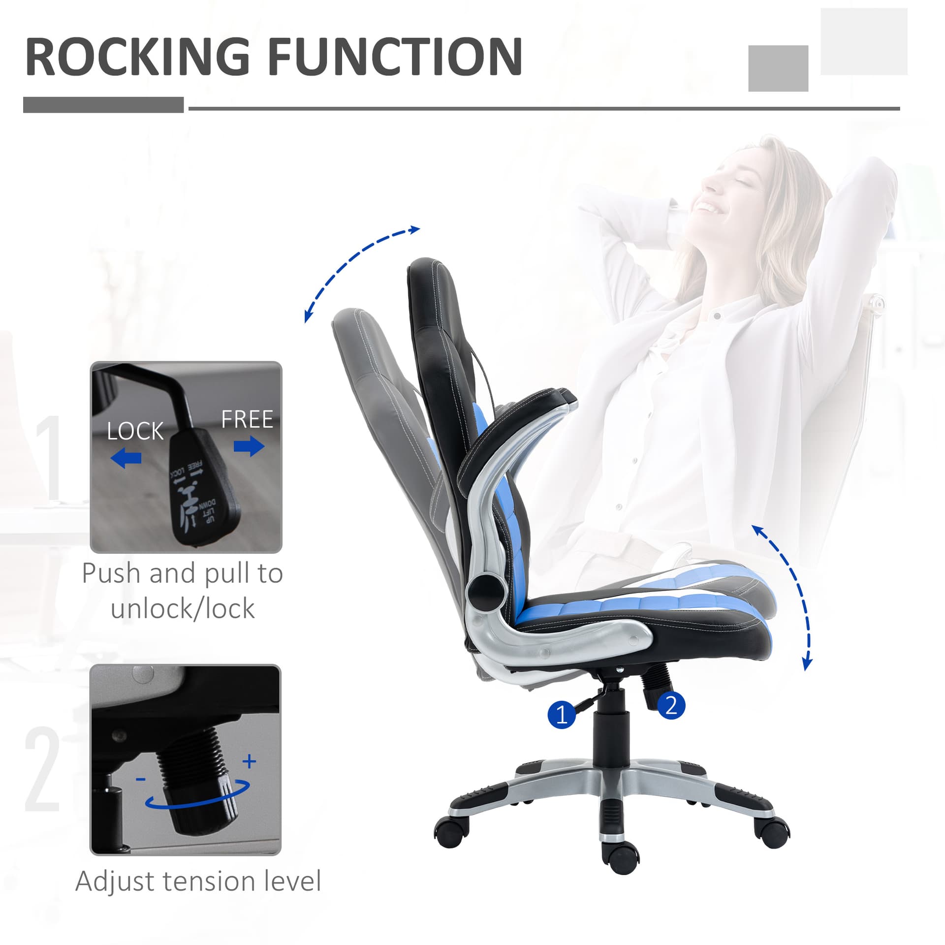 HOMCOM Racing Car Office Chair Swivel Excutive Computer Gaming Chair with Adjustable Armrest (Blue) - Office Chairs - Office Furniture