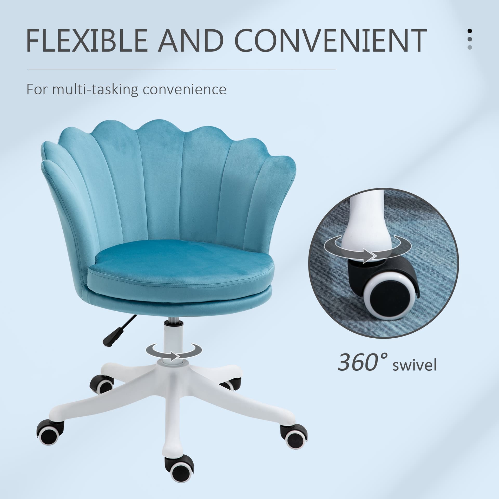 HOMCOM Mid Back Office Chair Velvet Fabric Swivel Scallop Shape Computer Desk Chair for Study, Blue - Desks - Office Furniture