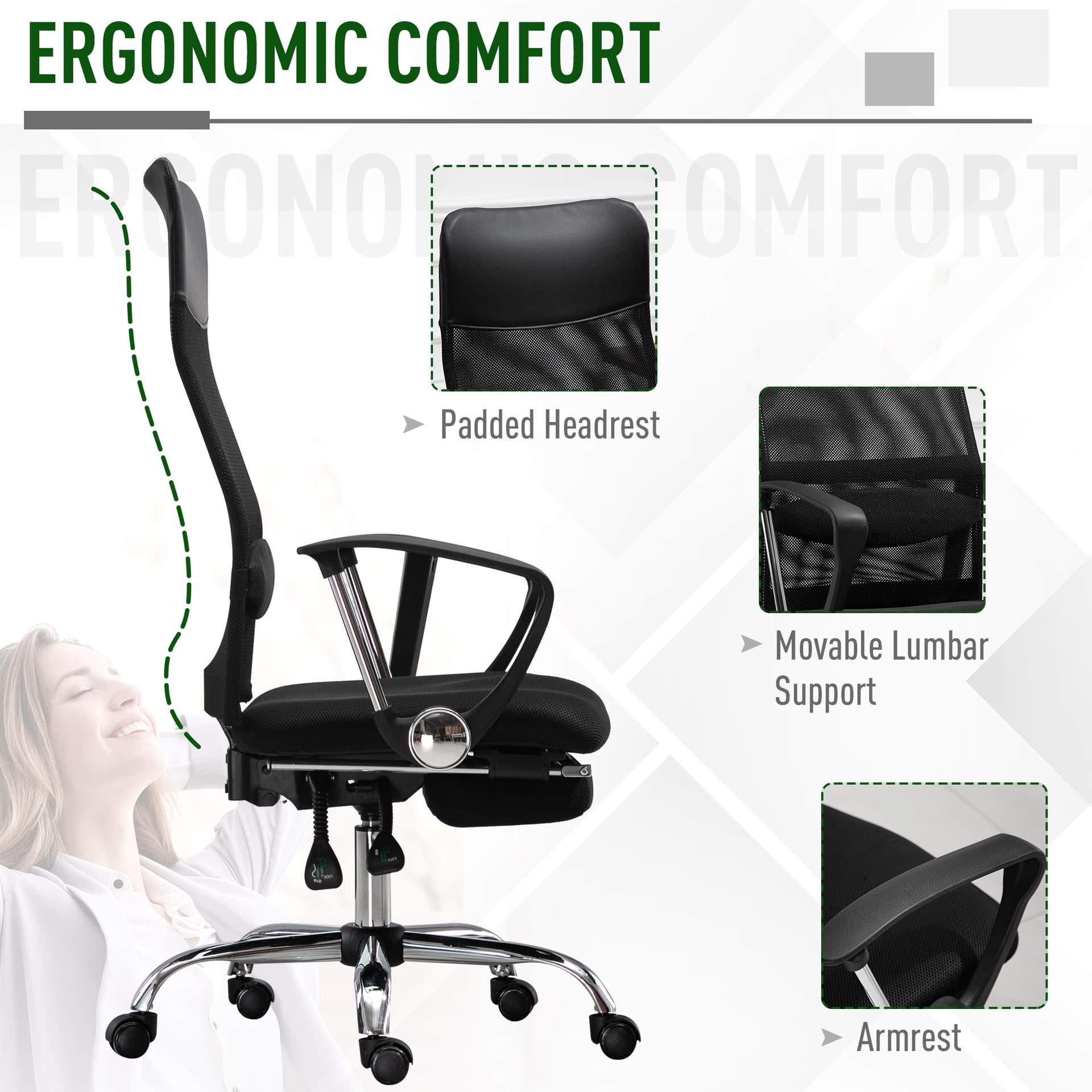 Vinsetto High Back Executive Mesh Office Chair Ergonomic Swivel with Footrest & Armrest - Office Chairs - Office Furniture