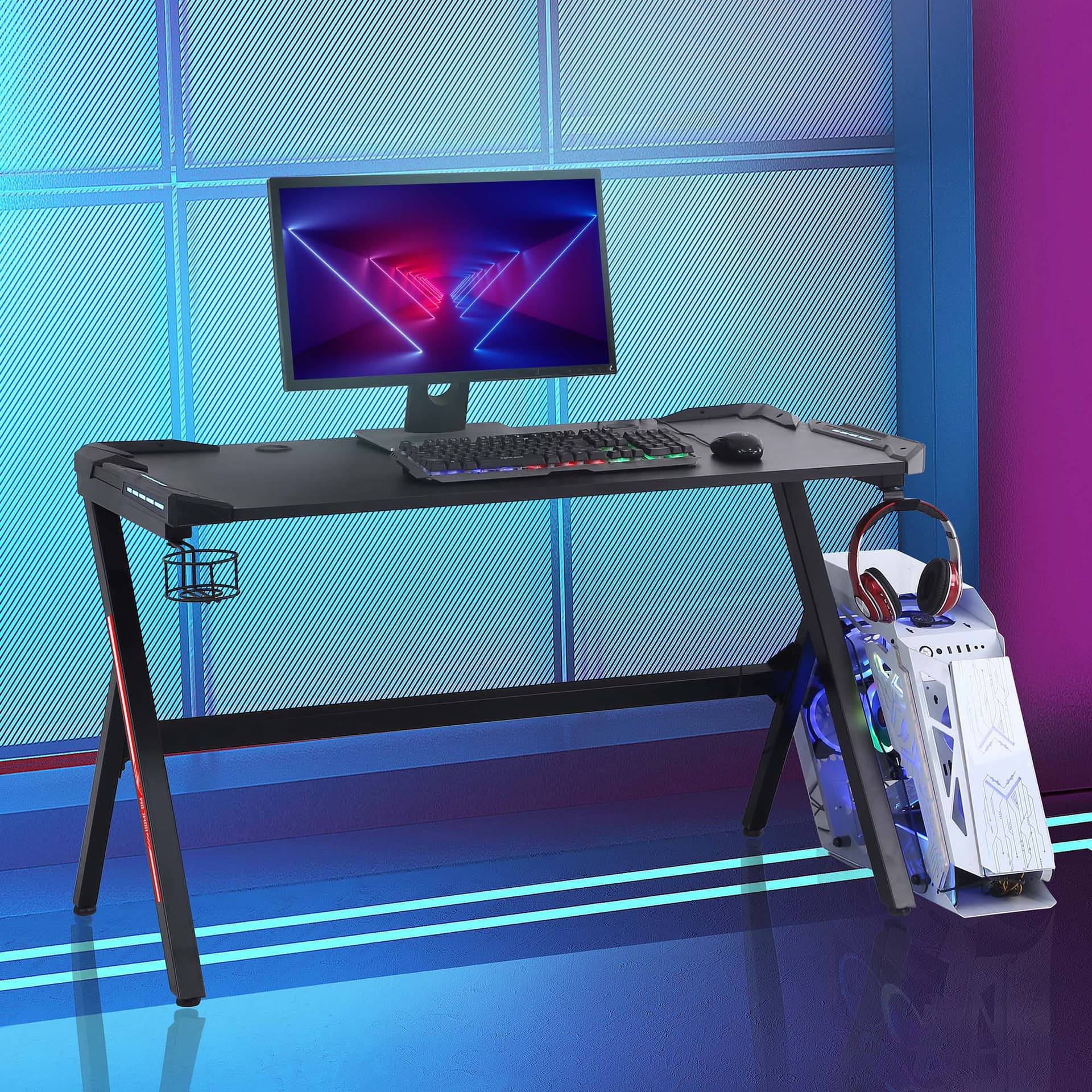 HOMCOM 55" Gaming Desk Racing Style Computer Table with LED Light Cup Holder Headphone Hook Cable Management E-sport Study Workstation, Black - Office Products - Office Furniture