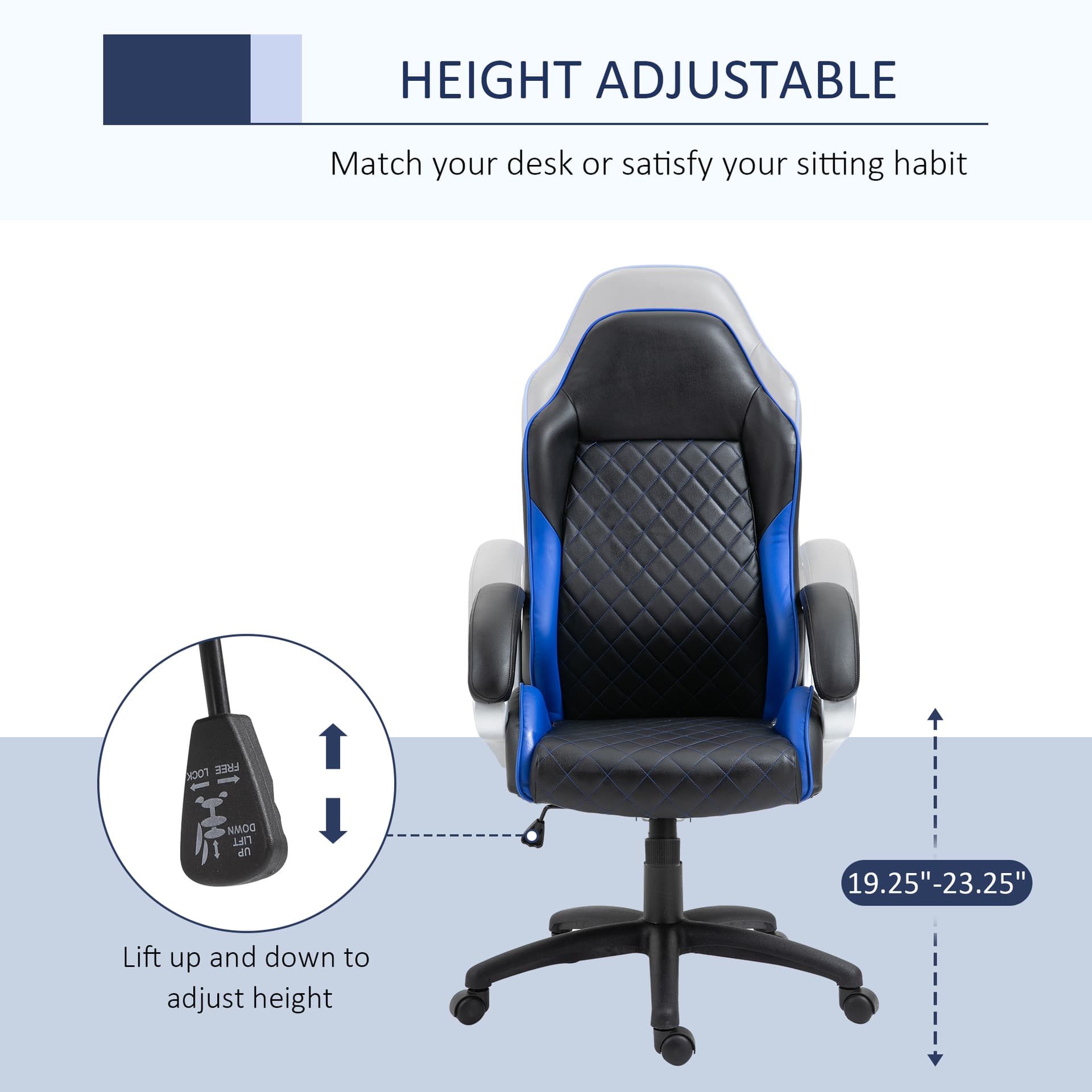 Vinsetto Office Chair Faux Leather Diamond Line High-Back Rocker Swivel Computer Desk Chair with Wheels  Blue - Desks - Office Furniture