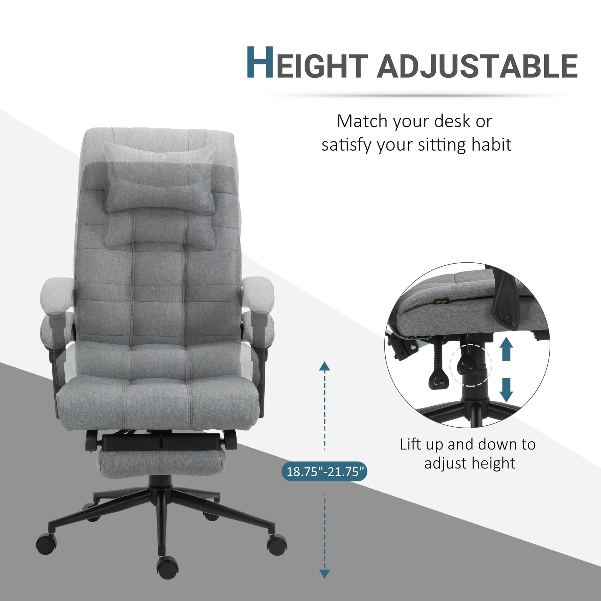 Vinsetto Executive Office Chair High Back Linen-Feel Fabric Swivel Chair with Upholstered Retractable Footrest, Headrest and Armrest, Light Grey - Office Chairs - Office Furniture