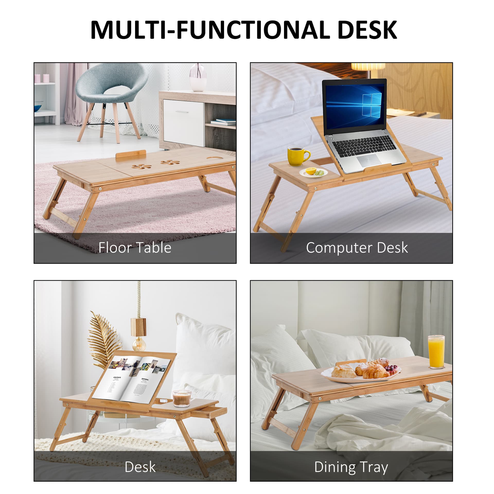 HOMCOM Adjustable Bamboo Laptop Tray Desk Notebook Table with Side Drawer and Foldable Legs - Desks - Office Furniture