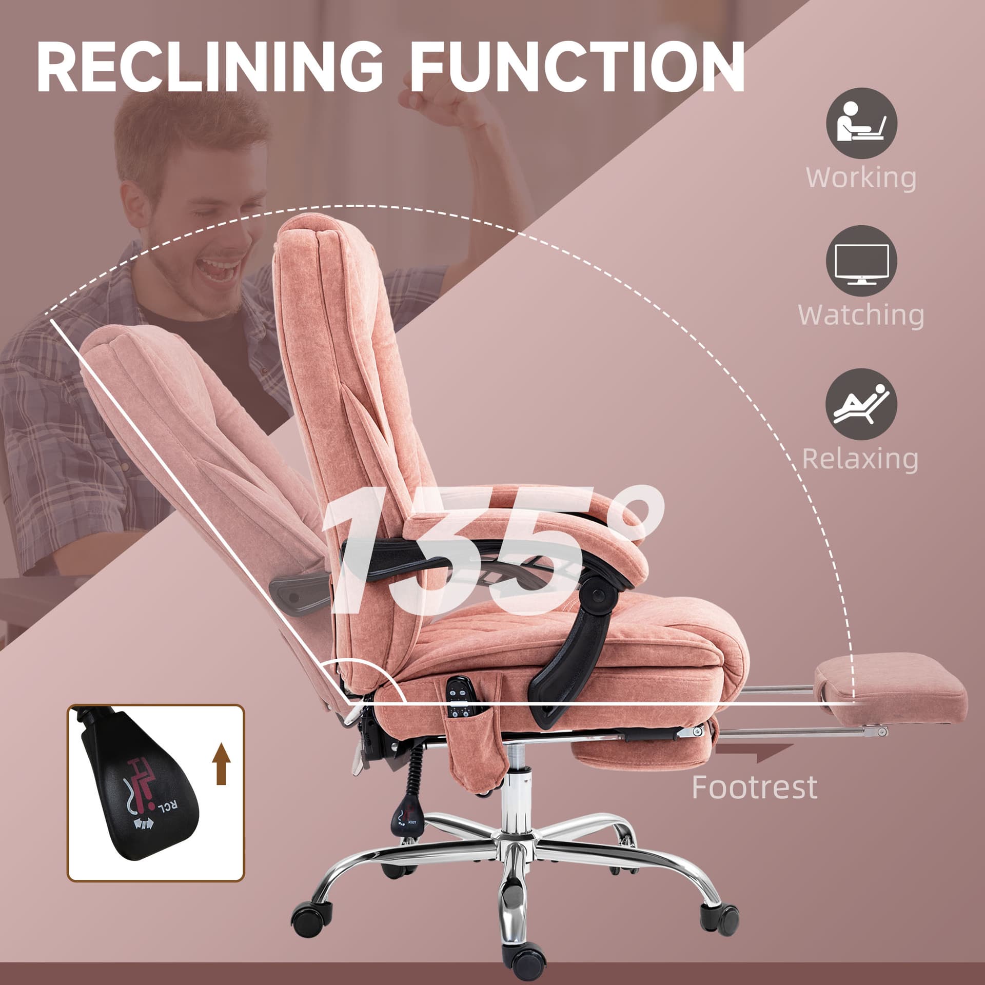 Massage Office Chair, Reclining Computer Chair with Adjustable Height and Footrest, Pink - Massage Chairs - Office Furniture