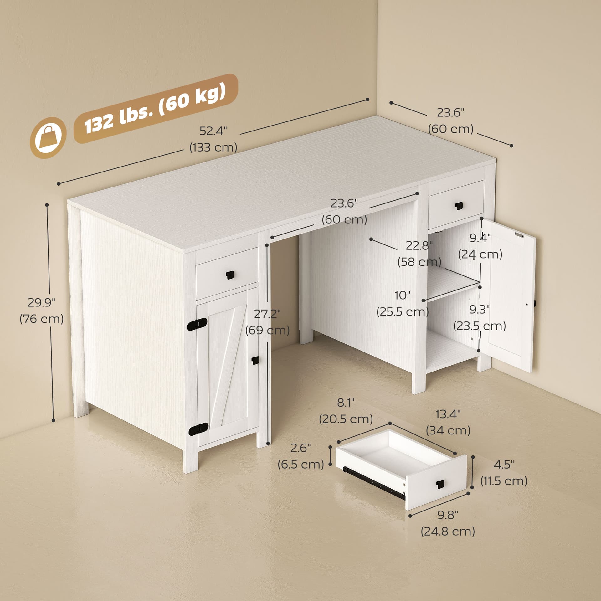 53" Farmhouse Executive Desk, Computer Desk with Drawers and 2 Cabinets, Study Table for Home Office, White Wood Grain - Writing Desks - Office Furniture