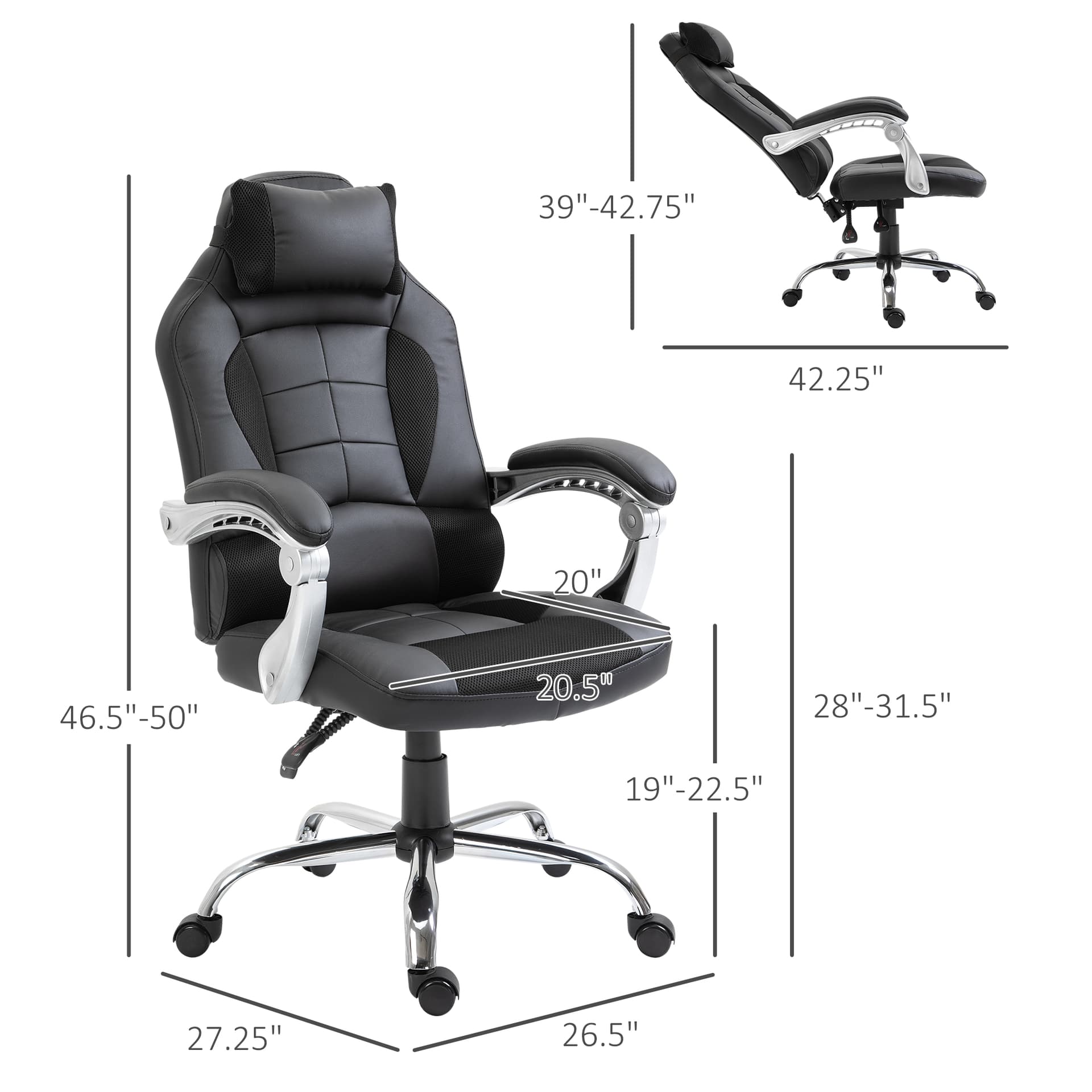 HOMCOM Ergonomic Executive Office Chair Swivel Racing Recliner PU Leather Height Adjustable, Black - Office Chairs - Office Furniture