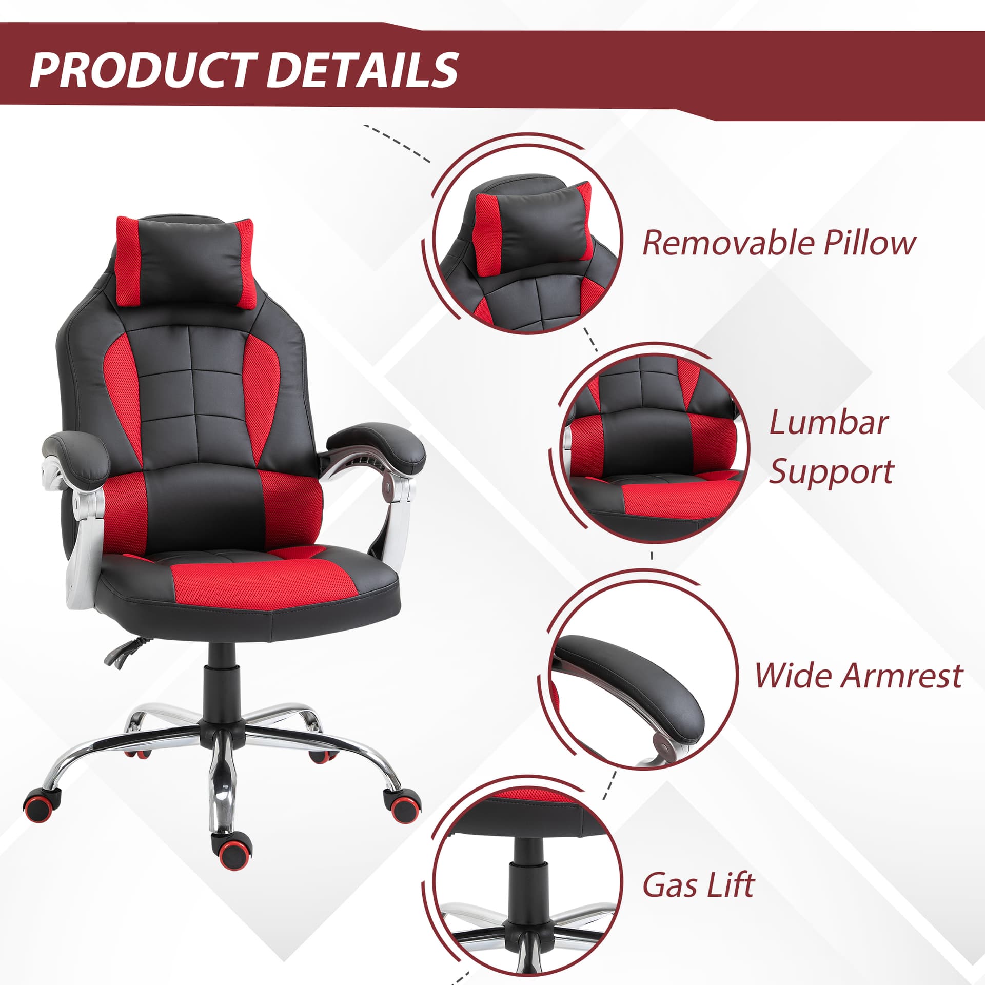 HOMCOM High Back Office Chair, Racing Gaming Chair, Height Adjustable Red - Office Chairs - Office Furniture