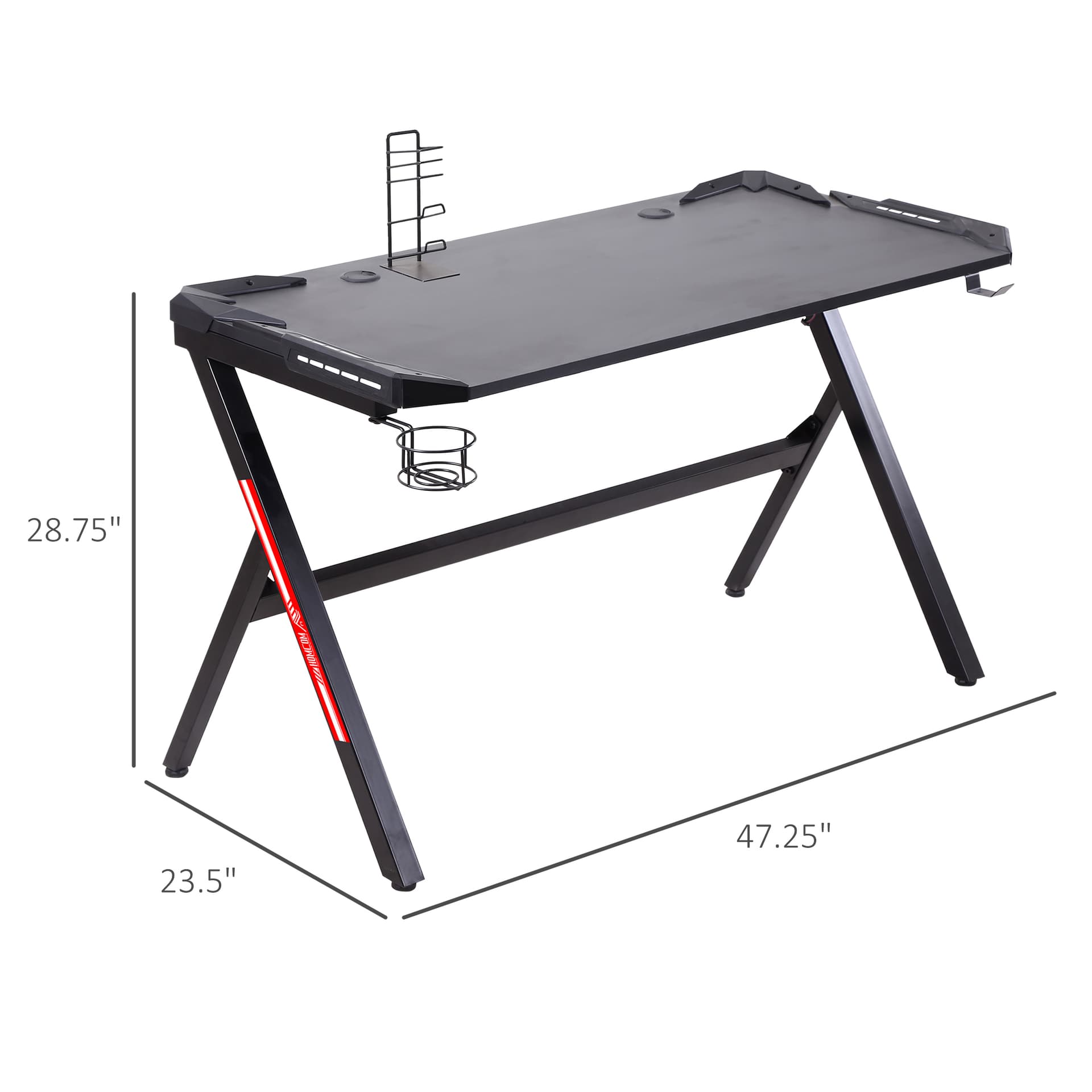 HOMCOM 47.25" Gaming Desk Racing Style Computer Table with LED Light Cup Gamepad Holder Headphone Hook Cable Management E-sport Study Workstation, Black - Office Products - Office Furniture