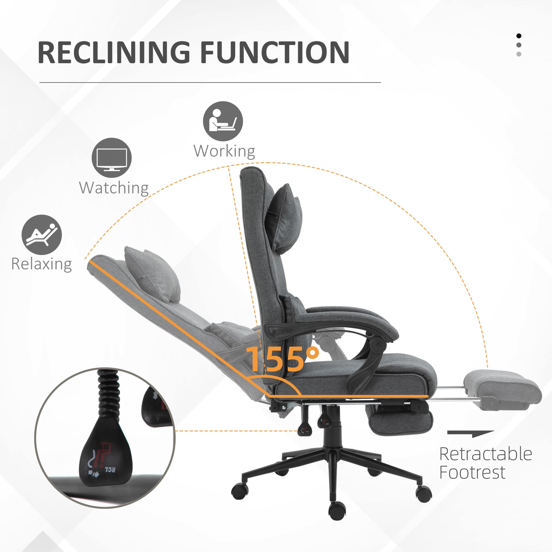 Vinsetto Ergonomic Executive Office Chair High Back Computer Desk Chair Linen Fabric 360° Swivel Adjustable Recliner Chair with Headrest, Lumbar Support, Padded Armrest and Retractable Footrest, Grey - Desks - Office Furniture