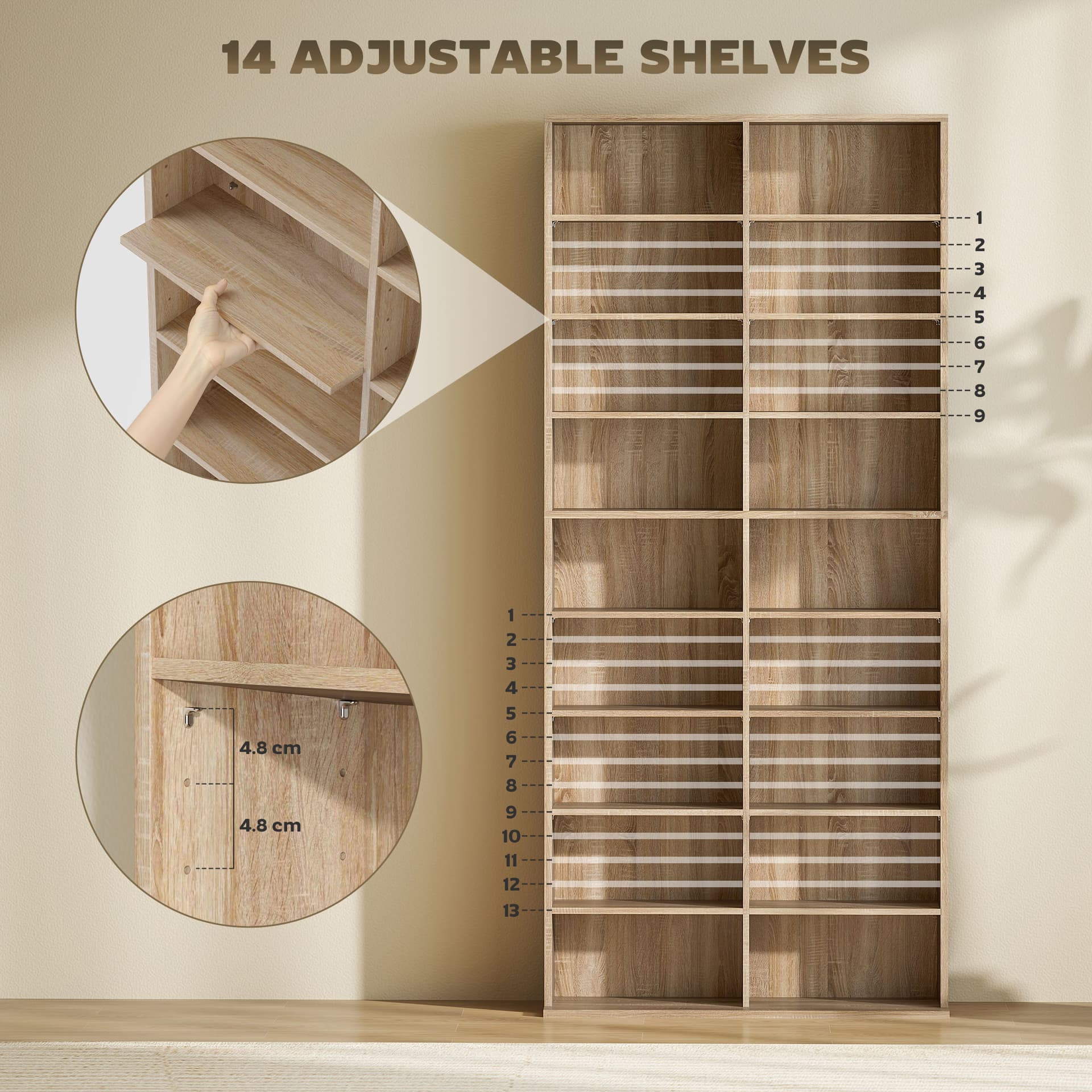 9-Tier DVD Shelf with 18 Compartments and 14 Adjustable Shelves, Holds 640 CDs, 360 DVDs or 430 Blu-rays, Natural Wood - Office Supplies - Office Furniture