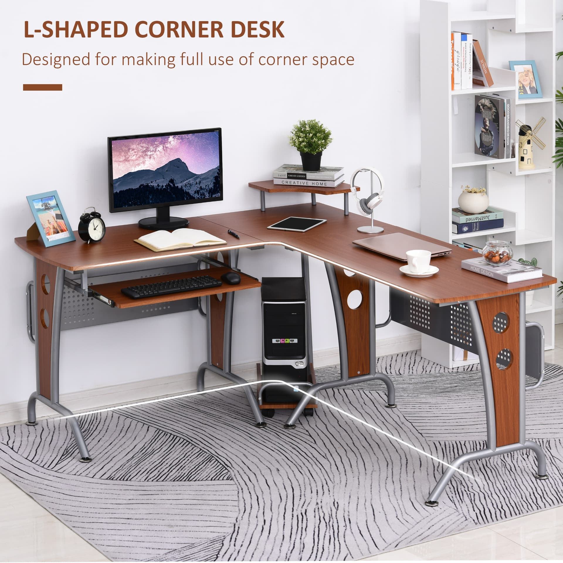 HOMCOM L-Shaped Computer Desk for PC, Corner Table for Small Spaces with Elevated Shelf, Keyboard Tray, CPU Stand, Home Office Workstation, Brown Wood Grain - Desks - Office Furniture