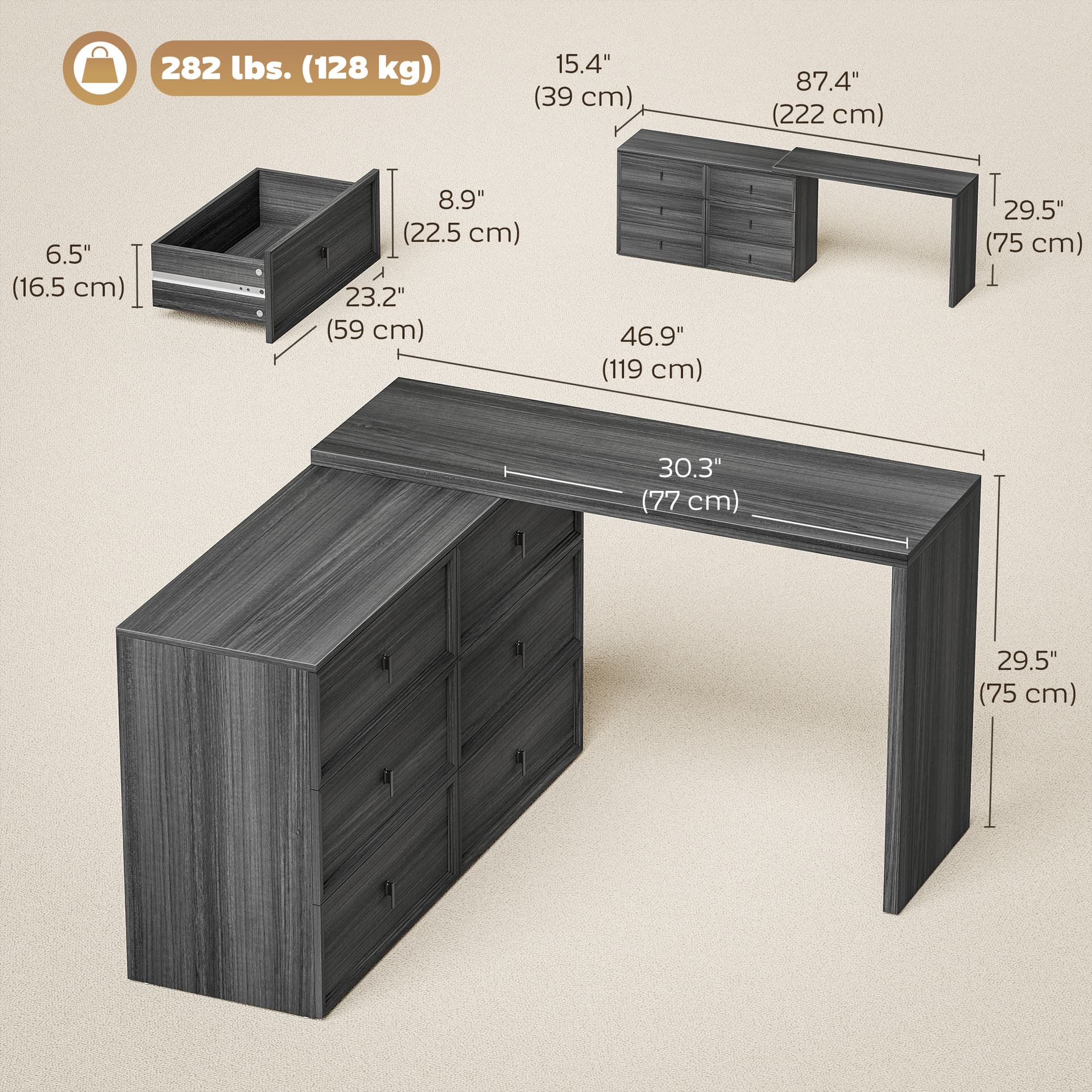 L Shaped Computer Desk Home Office Desk with 6 Drawers Black Wood Grain - Computer Desks - Office Furniture