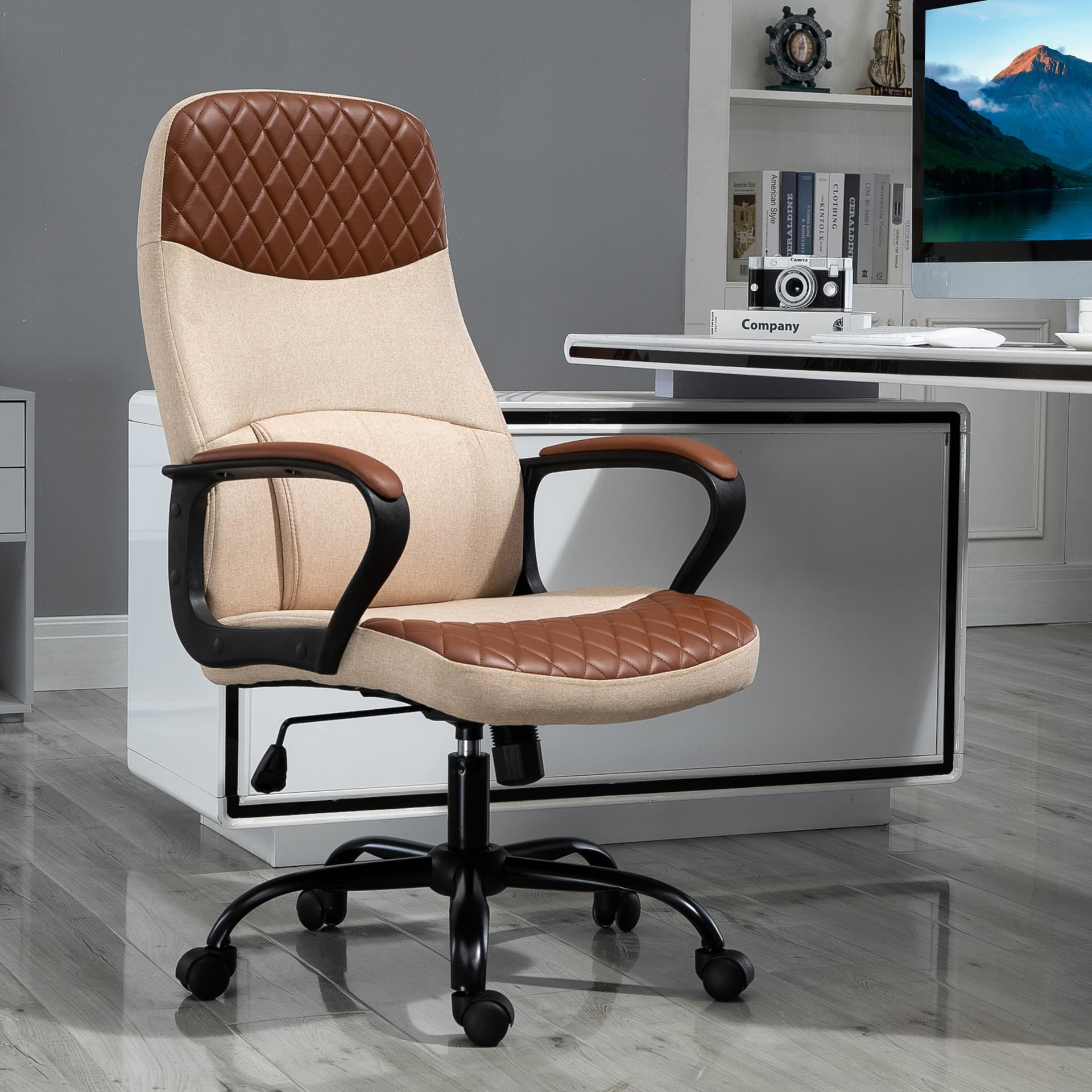 Vinsetto Massage Office Chair, Swivel Chair with 2-Point Vibration Lumbar, USB Power and Adjustable Height, Brown and Beige - Office Chairs - Office Furniture