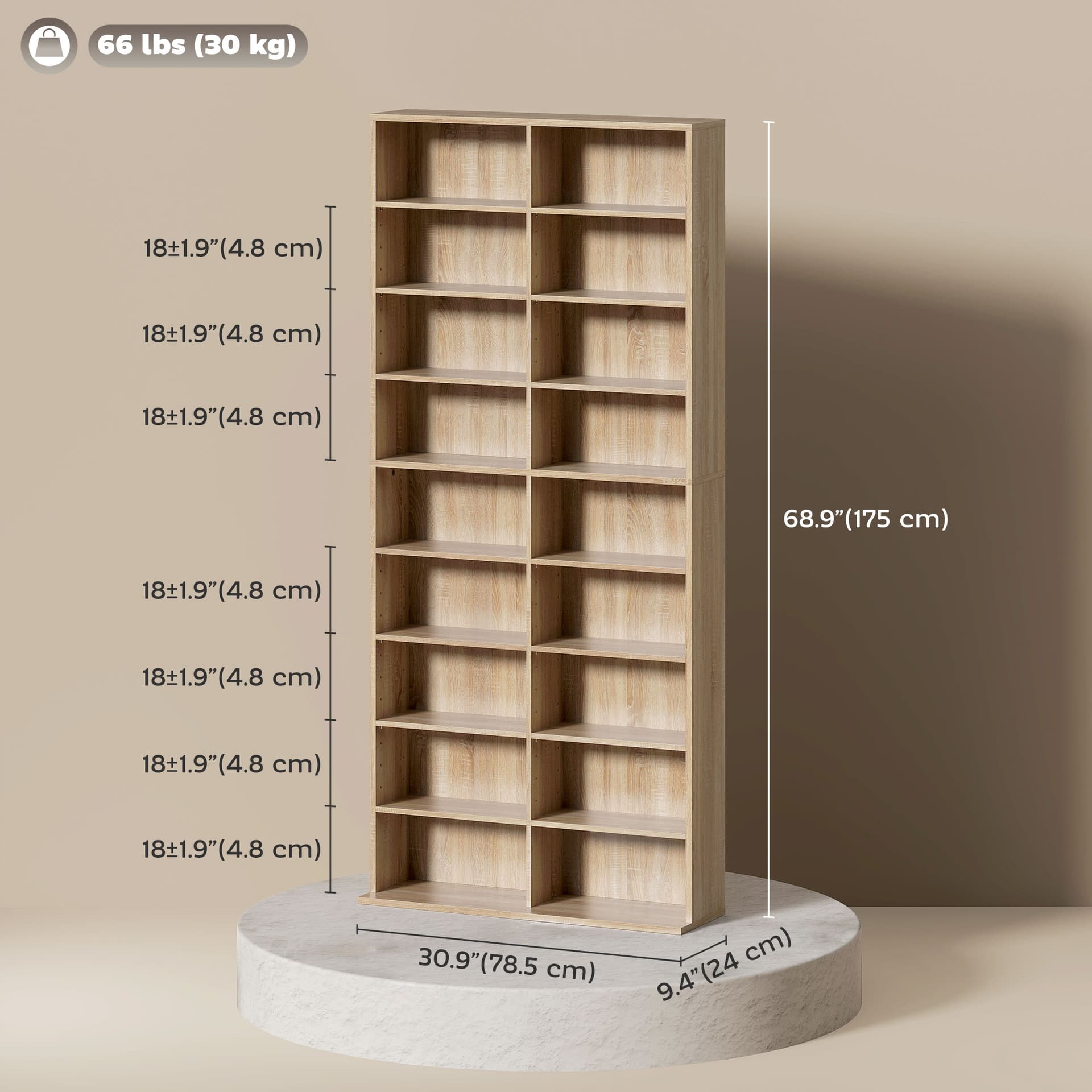 9-Tier DVD Shelf with 18 Compartments and 14 Adjustable Shelves, Holds 640 CDs, 360 DVDs or 430 Blu-rays, Natural Wood - Office Supplies - Office Furniture