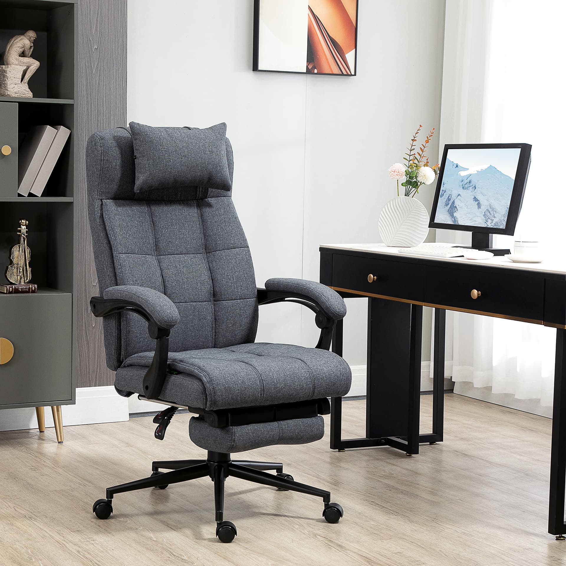 Vinsetto Office Chair Fabric High Back Swivel Task Chair with Footrest, Headrest and Padded Armrest, Deep Grey - Office Chairs - Office Furniture