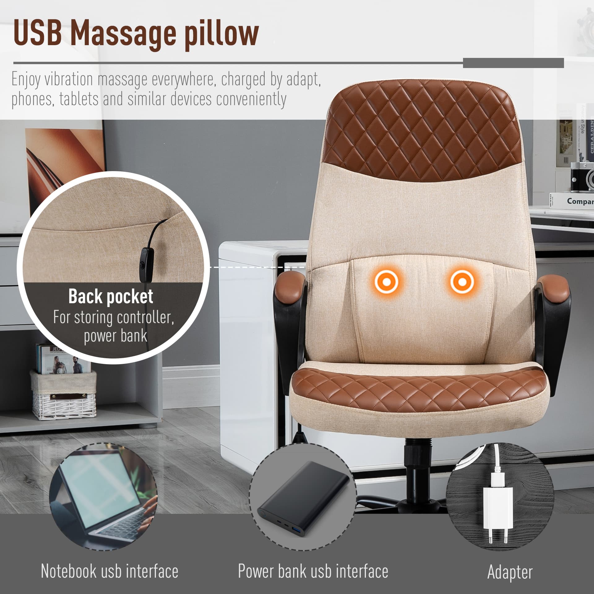 Vinsetto Massage Office Chair, Swivel Chair with 2-Point Vibration Lumbar, USB Power and Adjustable Height, Brown and Beige - Office Chairs - Office Furniture