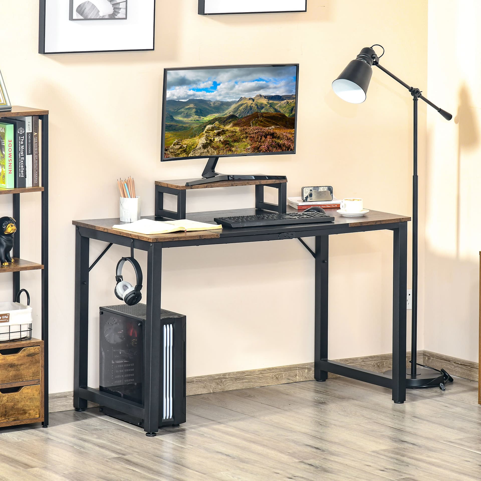HOMCOM Industrial Style Computer Desk, Home Office Writing Desk, PC Laptop Workstation with Raised Monitor Stand, Side Hook, Adjutable Feet, Rustic Brown and Black - Desks - Office Furniture
