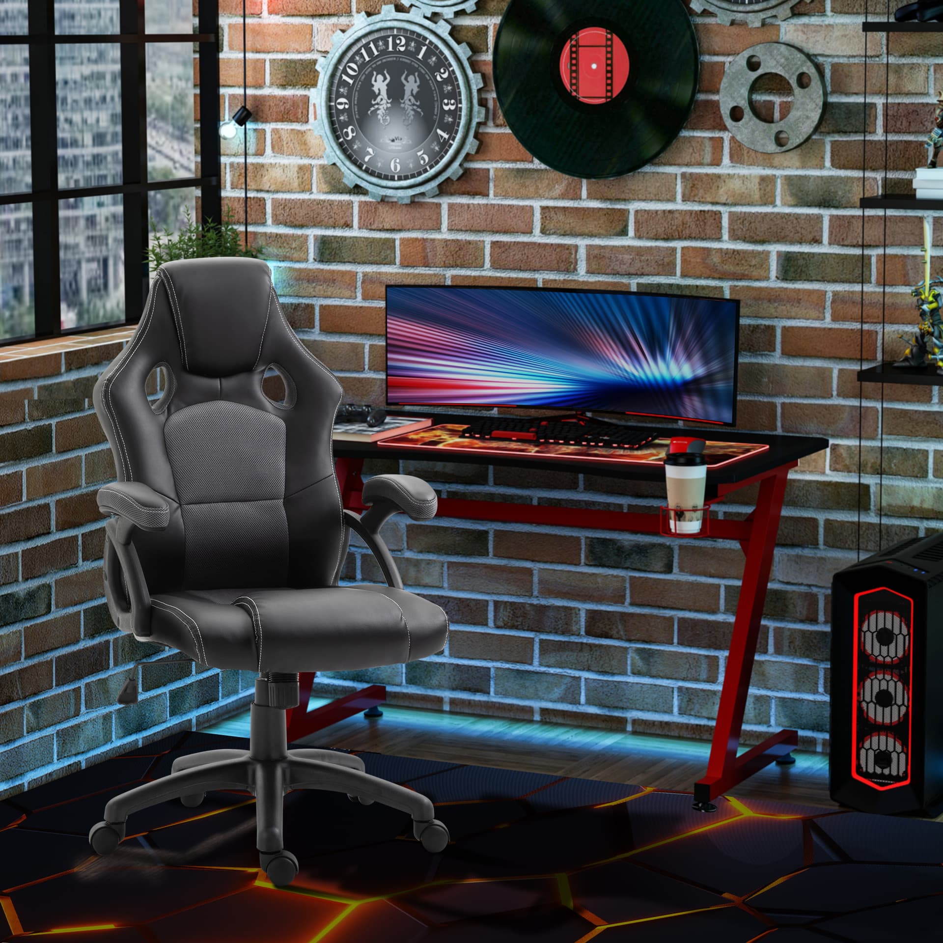 Vinsetto 360° Swivel Office Chair Adjustable Height PU Leather E-sports Rocker, Black and Grey - Office Chairs - Office Furniture