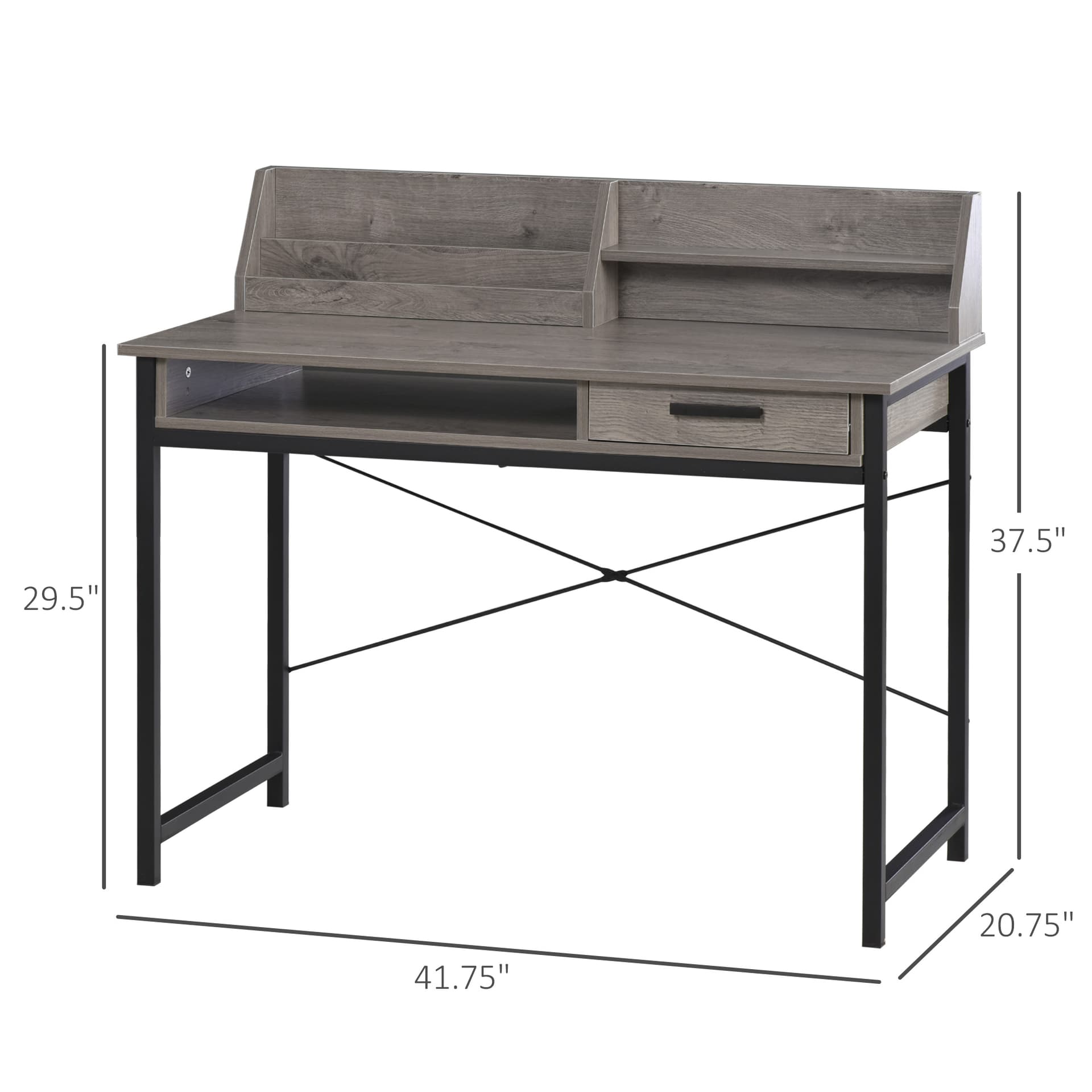 HOMCOM Industrial Computer Desk with Drawer and Open Shelves, Writing Table with Hutch for Home Office, Grey - Desks - Office Furniture