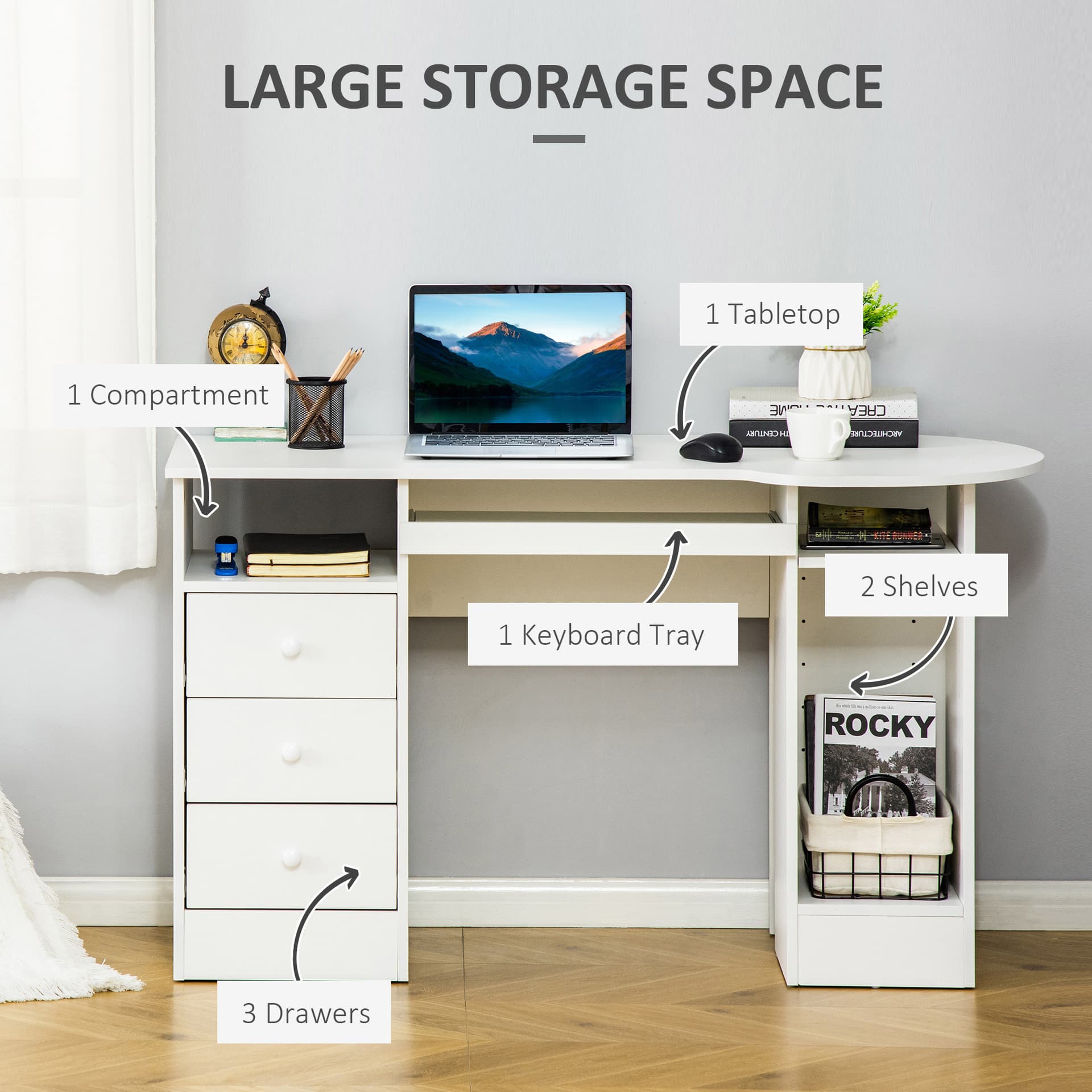 HOMCOM Computer Desk with Storage, Home Office Laptop Table with Shelves and Drawers, Modern Workstation Desk with Keyboard Tray for Study, Living Room, White - Office Products - Office Furniture