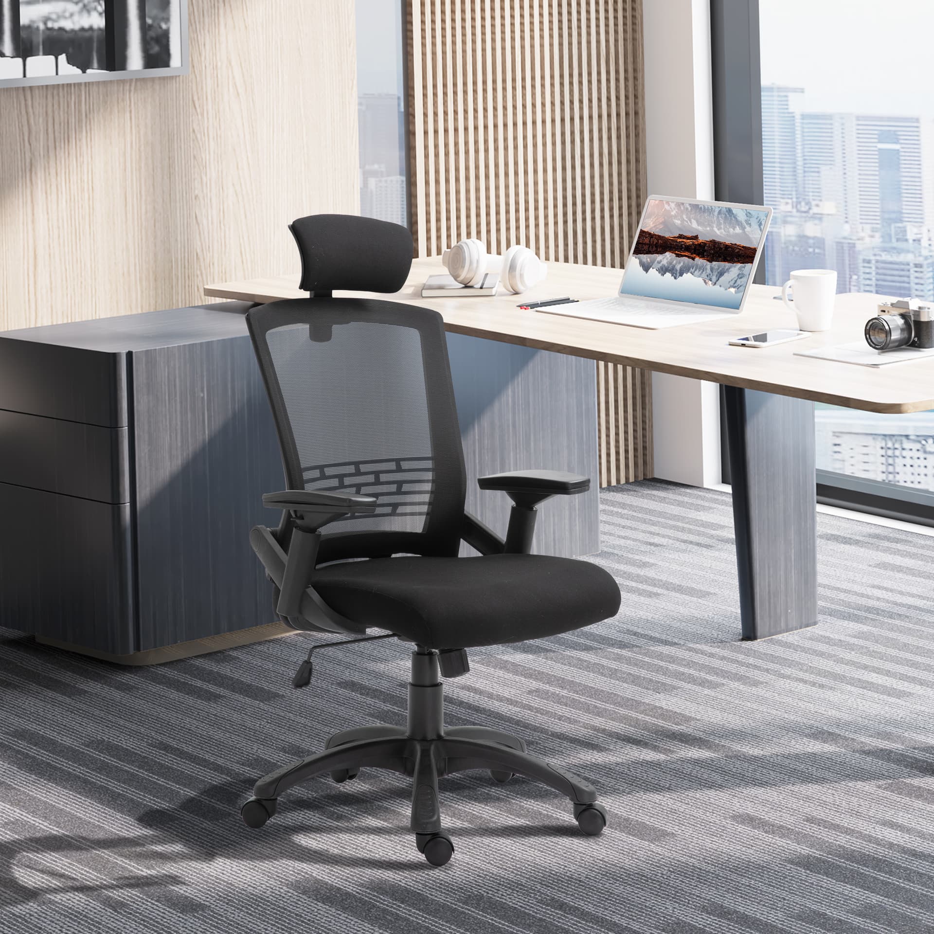 Vinsetto Office Chair Comfortable Mesh Task High Back Adjustable 360° Rotating Seat with Headrest and Armrest Black - Office Chairs - Office Furniture