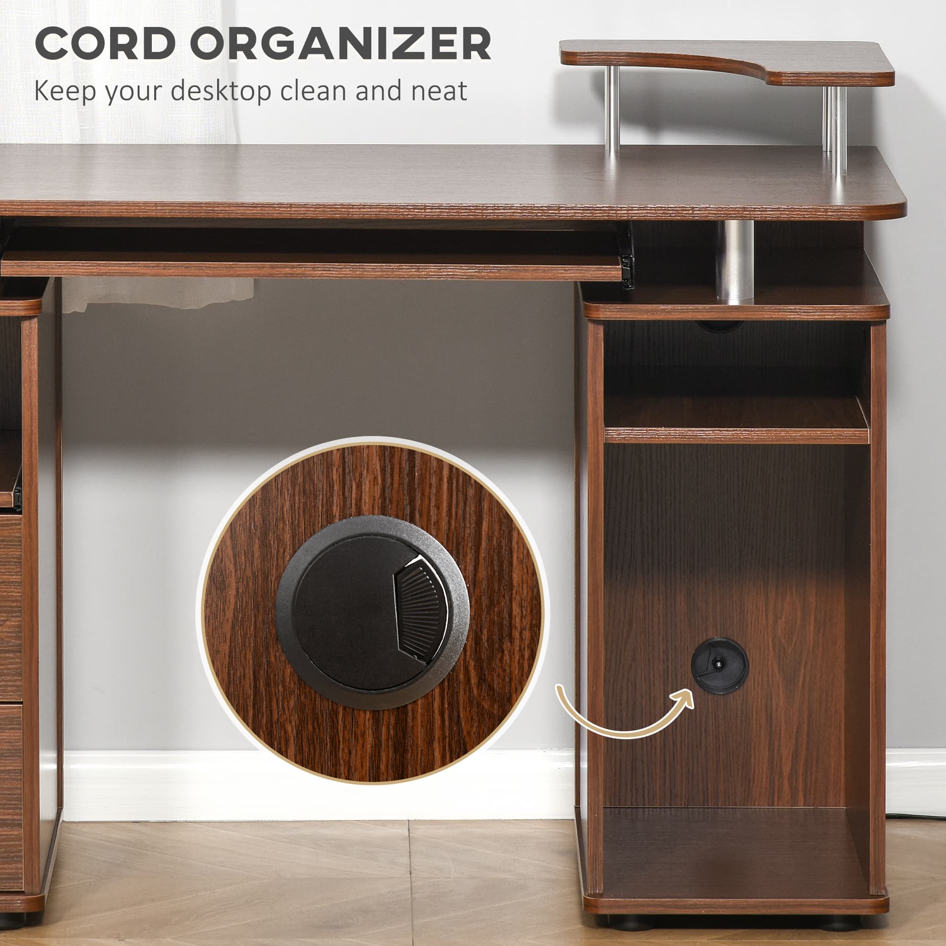 HOMCOM Computer Desk with Keyboard Tray, CPU Stand, Writing Desk with Drawers, Workstation for Home Office, Walnut Brown - Desks - Office Furniture