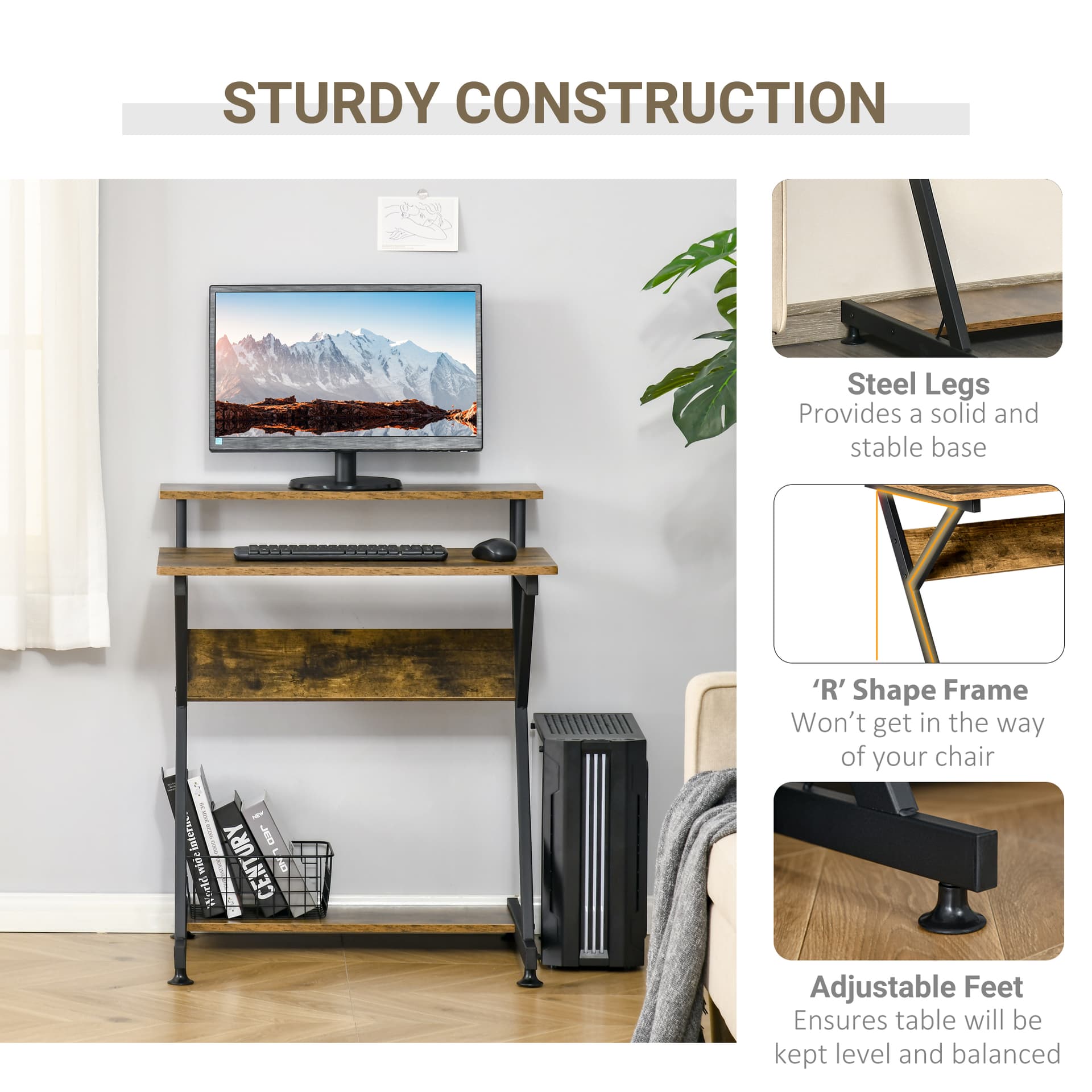 HOMCOM 28" Compact Computer Desk, Industrial Z-Shaped Writing Desk with Monitor Shelf and Storage, Workstation for Home Office - Desks - Office Furniture