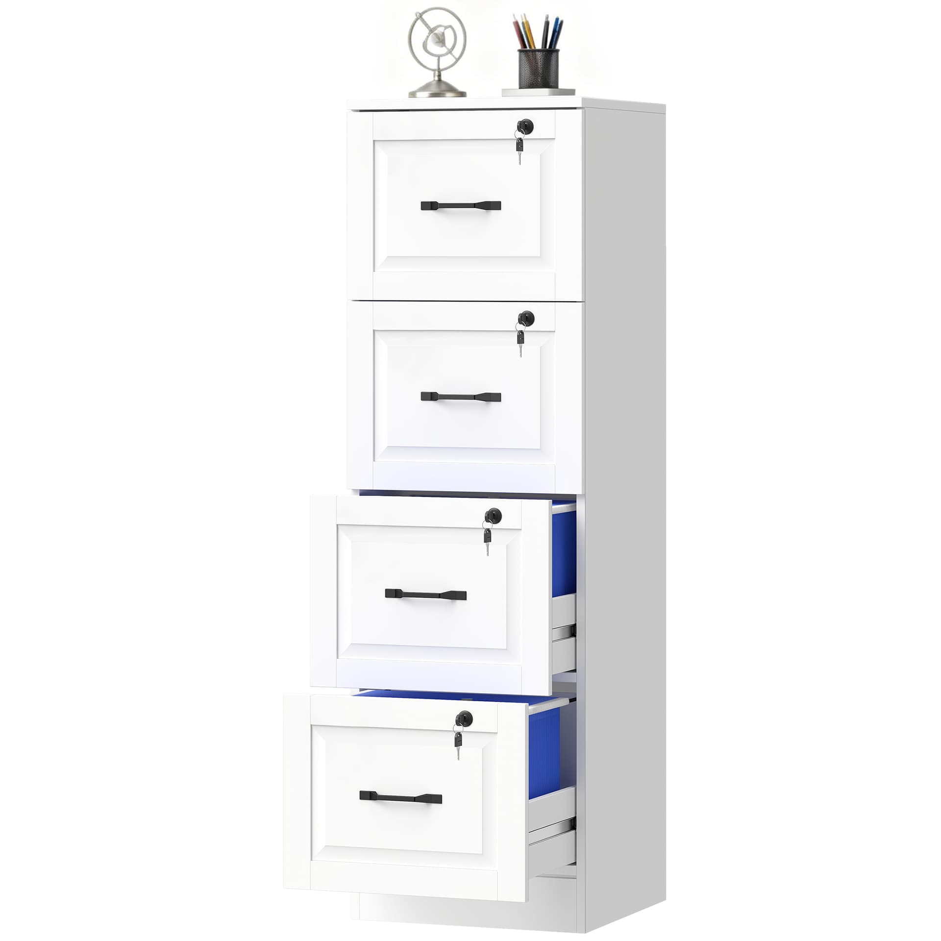 4 Drawer File Cabinet with Lock, Vertical Filing Cabinet with Adjustable Hanging Bars for A4 and Letter Size, White - Office Cabinets & Cupboards - Office Furniture