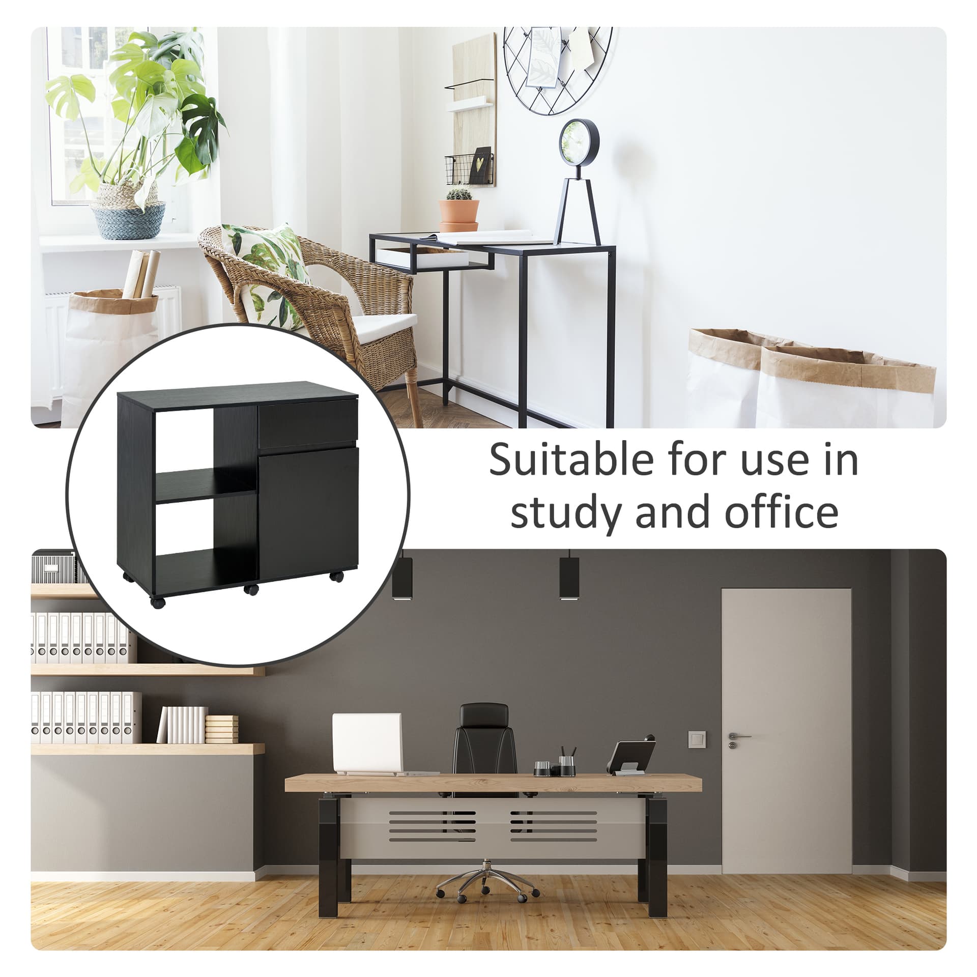 HOMCOM Filing Cabinet, Mobile Printer Stand with Open Storage Shelves, Drawer and Cabinet for Home Office, Black - Office Products - Office Furniture