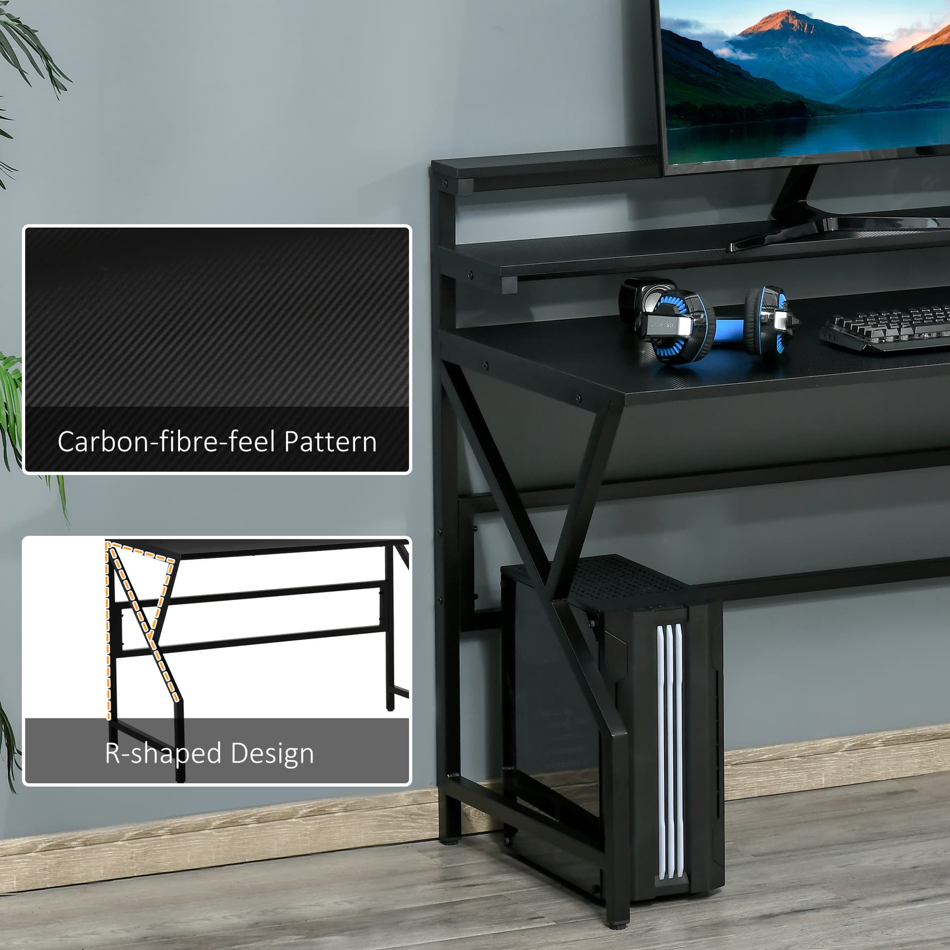 HOMCOM Modern Computer Desk, 47" Writing Desk with Elevate Shelves for Home Office, Black - Desks - Office Furniture