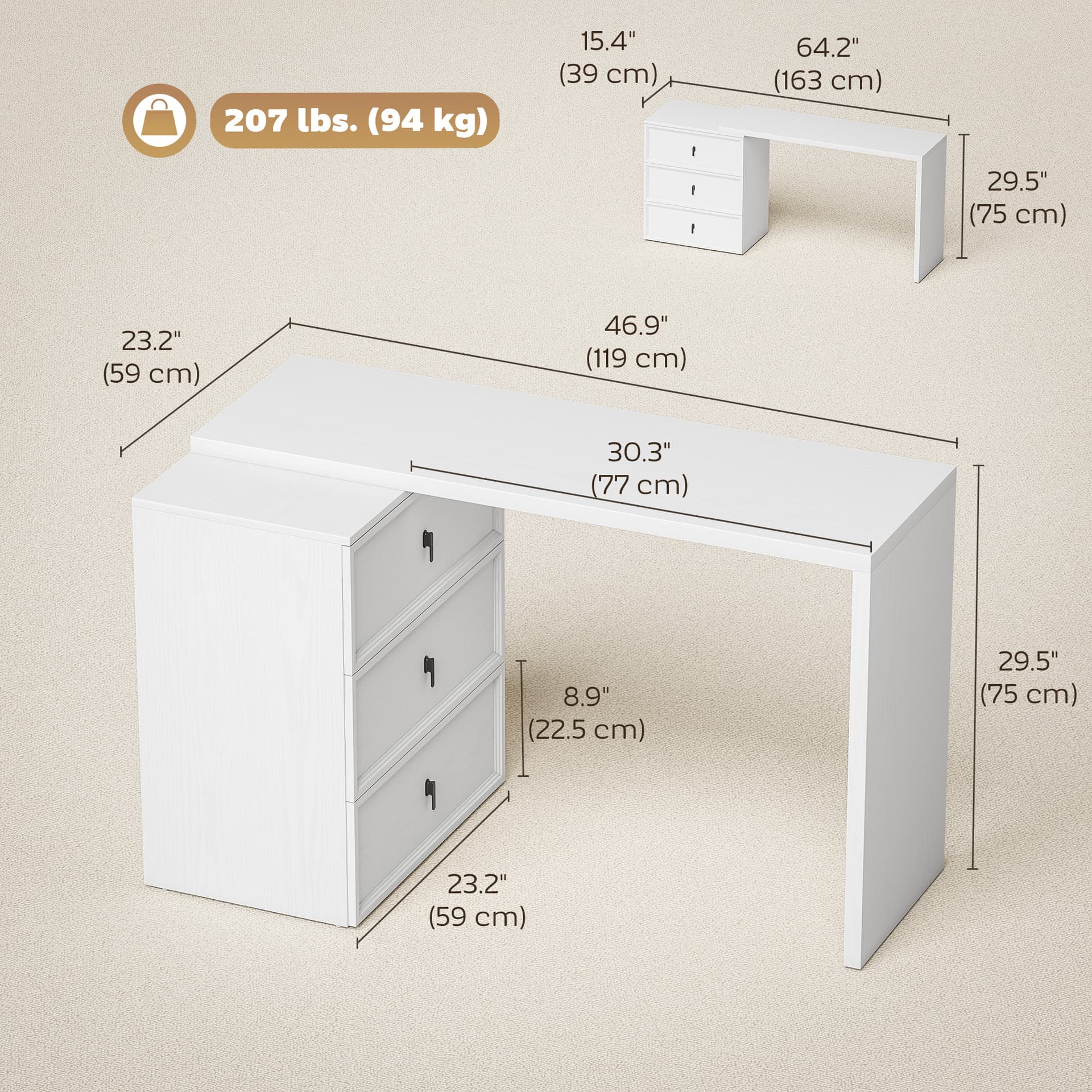 L Shaped Computer Desk Home Office Desk with 3 Drawers White Wood Grain - Computer Desks - Office Furniture