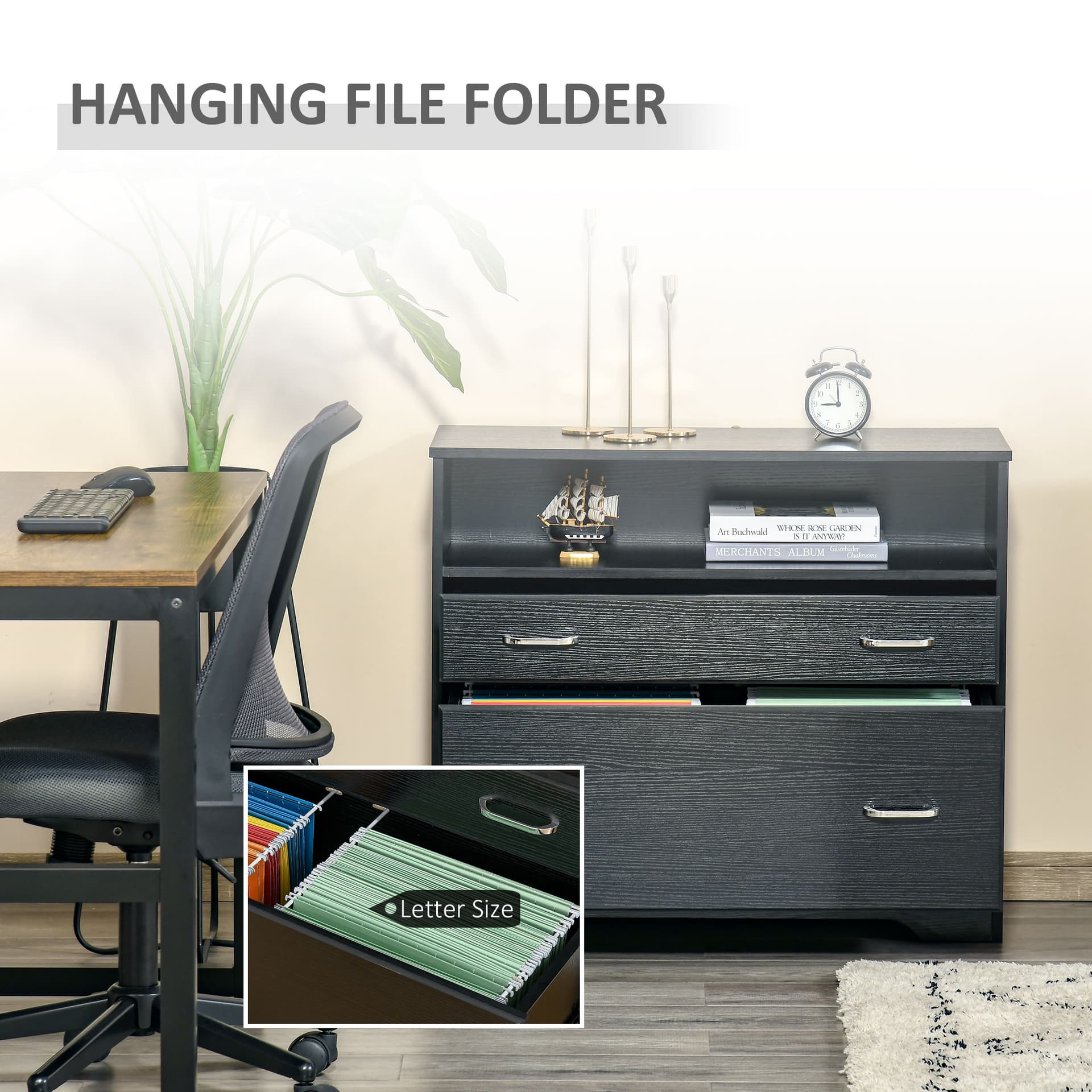 Vinsetto Lateral File Cabinet with Shelf, Drawer for Letter Sized, Filing Folder Storage Organizer, Black - Filing & Storage - Office Furniture