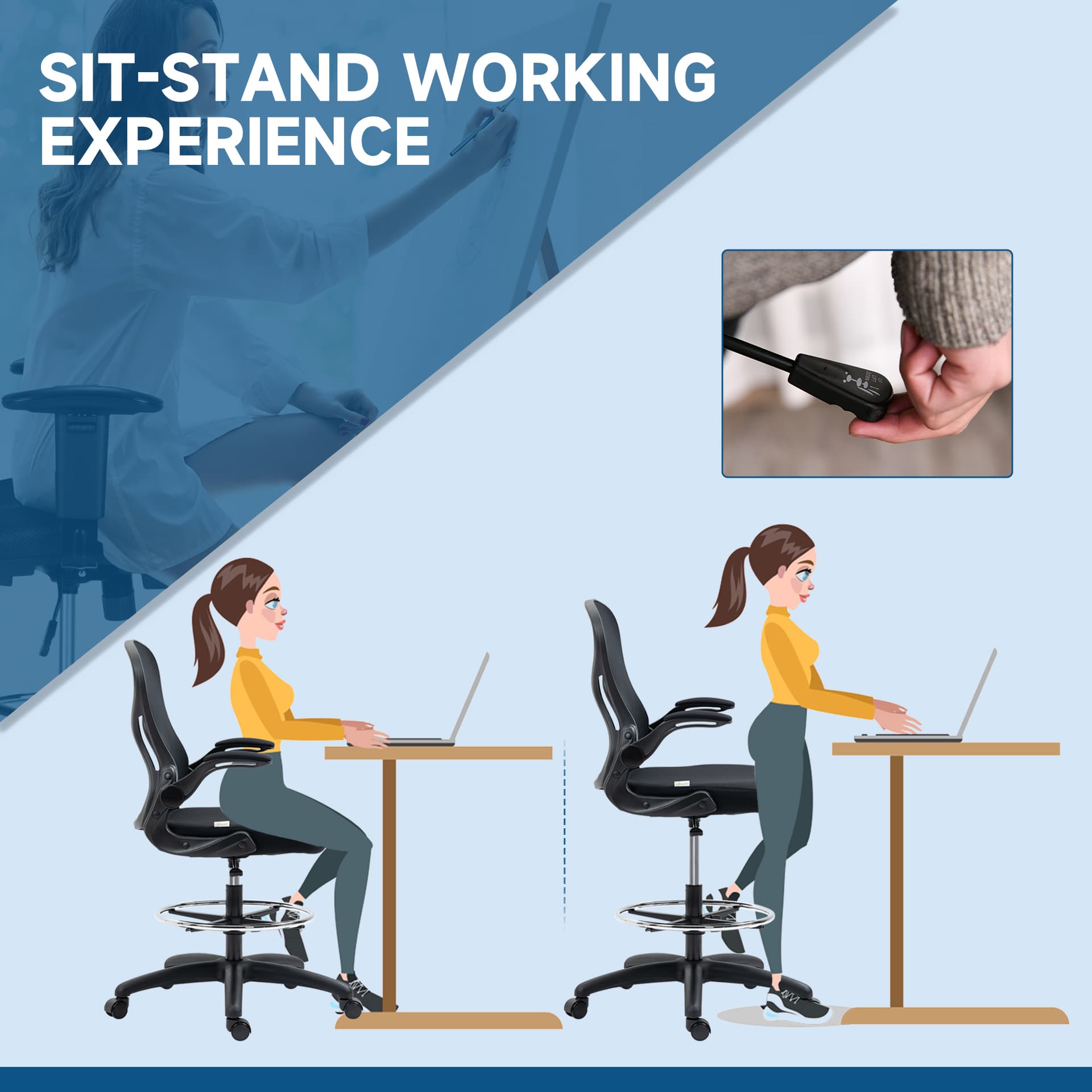 Vinsetto Ergonomic Mesh Standing Desk Chair with Flip-up Armrests Lumbar Support Armrests Adjustable Footrest RingBlack - Office Products - Office Furniture