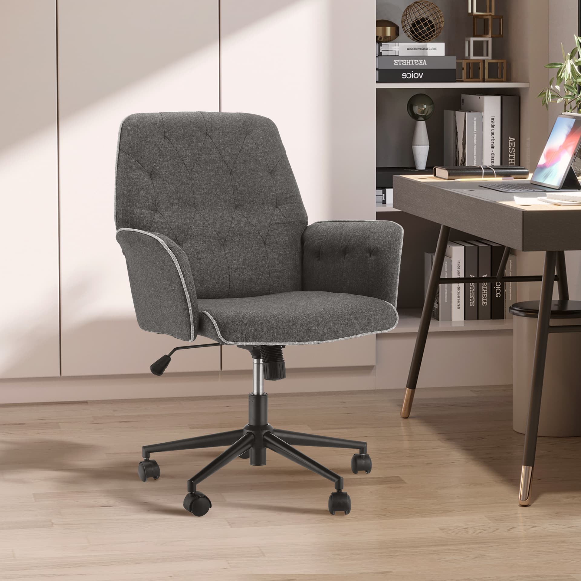 HOMCOM Office Chair, Fabric Study Chair, Mid-Back Tufted Desk Chair with Swivel Wheels, Adjustable Height, Grey - Desks - Office Furniture