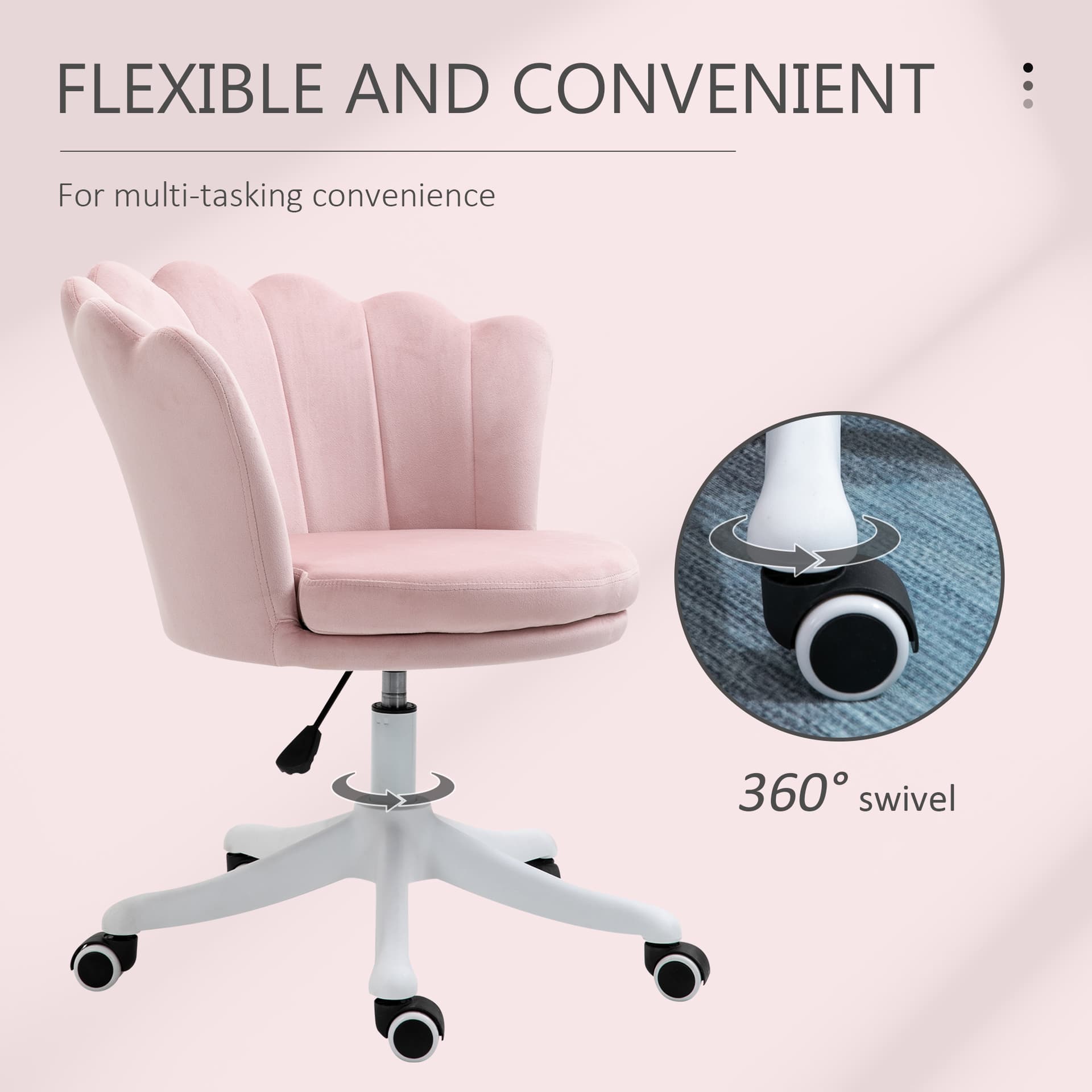HOMCOM Mid Back Office Chair Velvet Fabric Swivel Scallop Shape Computer Chair for Study, Pink - Office Chairs - Office Furniture