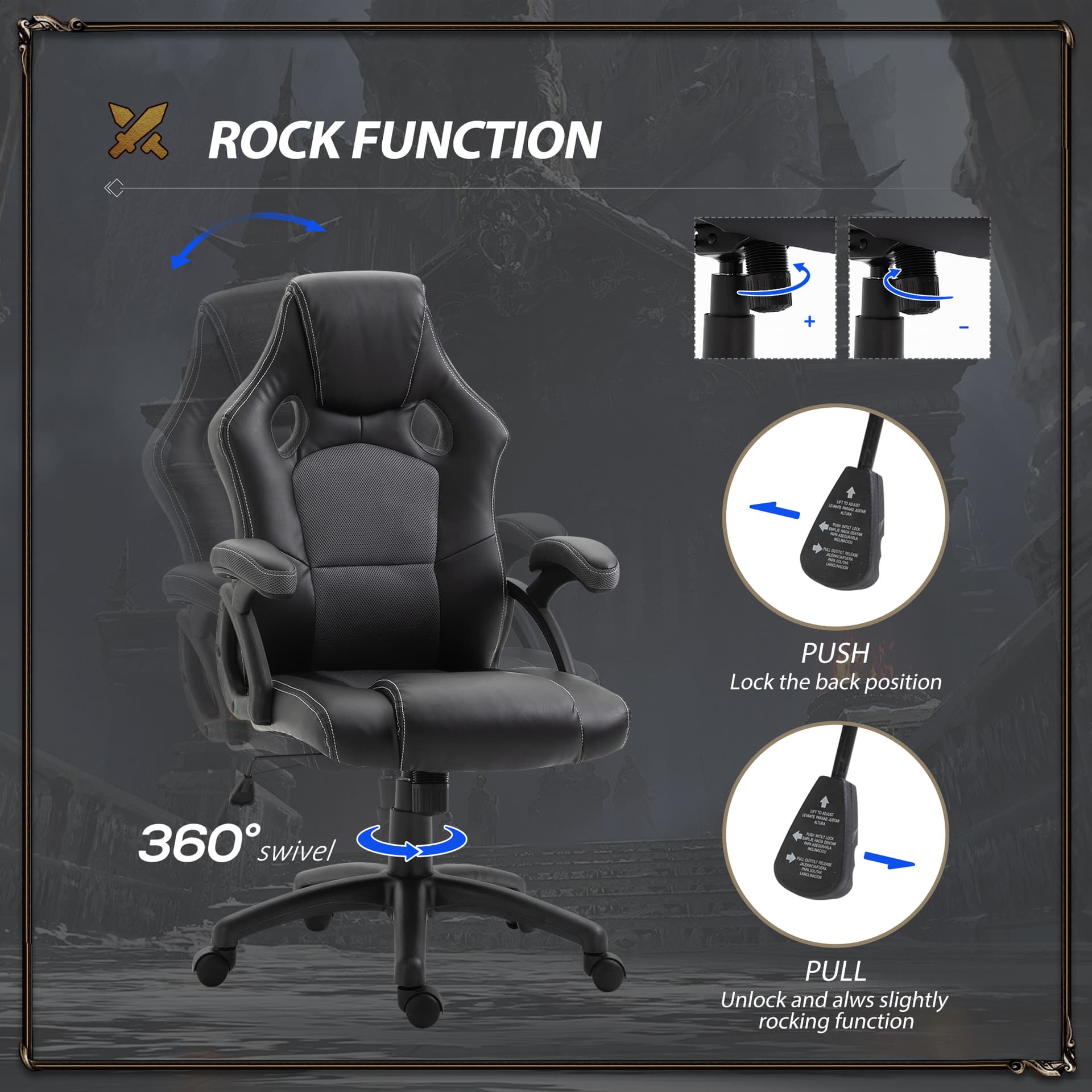 Vinsetto 360° Swivel Office Chair Adjustable Height PU Leather E-sports Rocker, Black and Grey - Office Chairs - Office Furniture