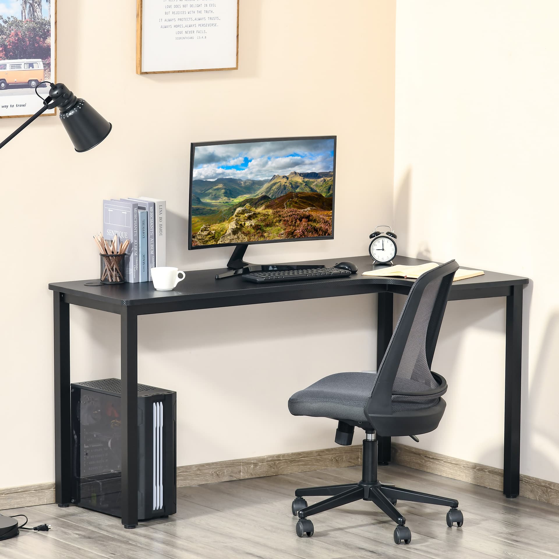 HOMCOM L-Shaped Desk 57" Corner Computer Desk Gaming Table Home Office Writing Workstation with Cable Management Black - Office Products - Office Furniture