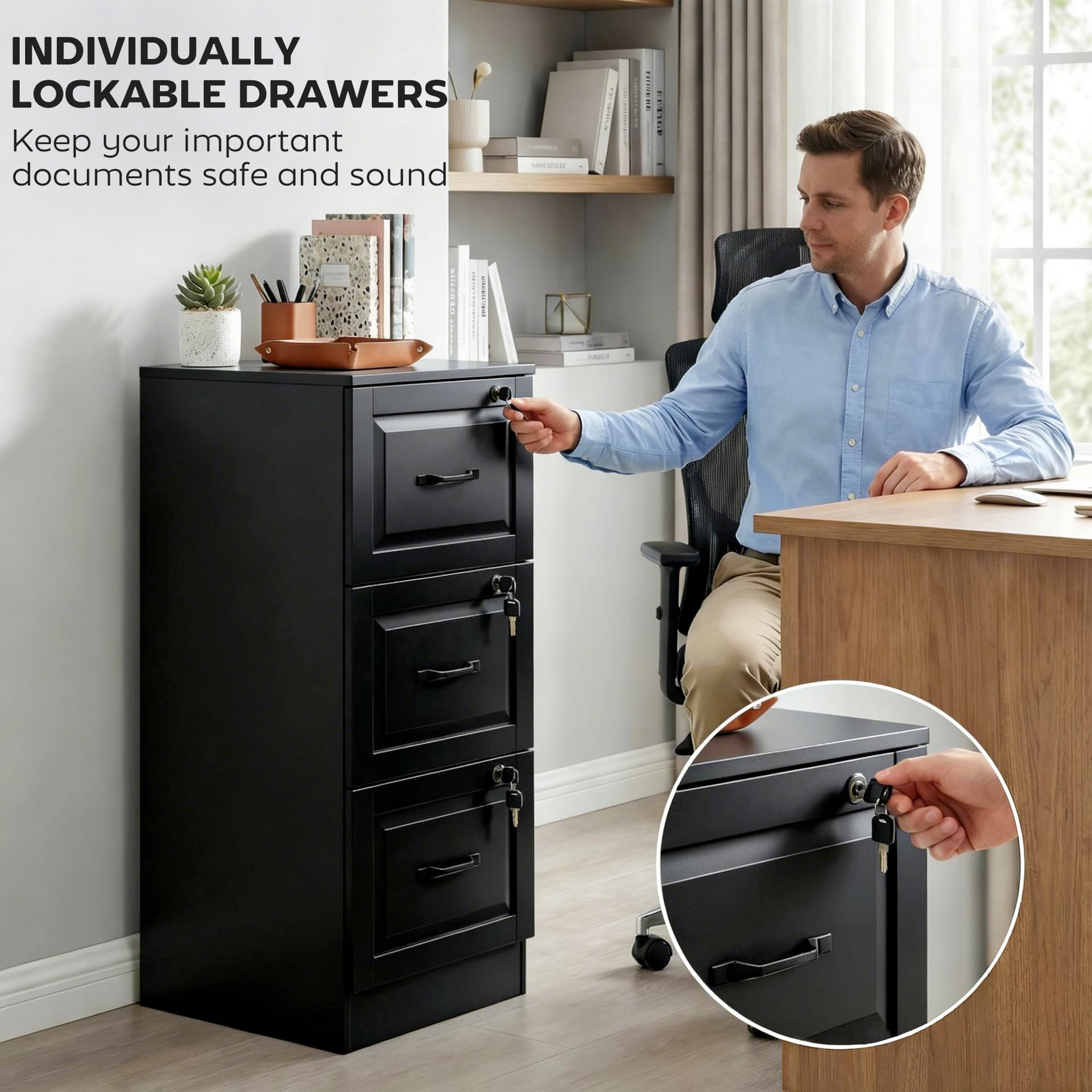 3 Drawer File Cabinet with Lock, Vertical Filing Cabinet with Adjustable Hanging Bars for A4 and Letter Size, Black - Office Cabinets & Cupboards - Office Furniture