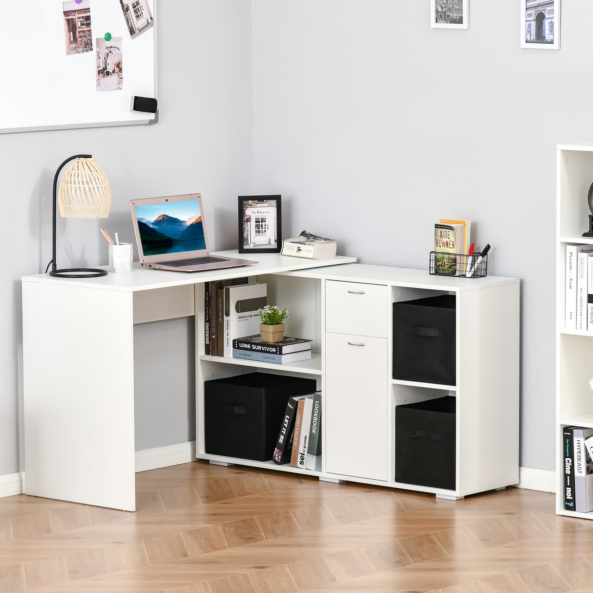 HOMCOM Convertable L-shape Computer Desk Home Office Table with Storage Shelf Drawer Cabinet White - Desks - Office Furniture