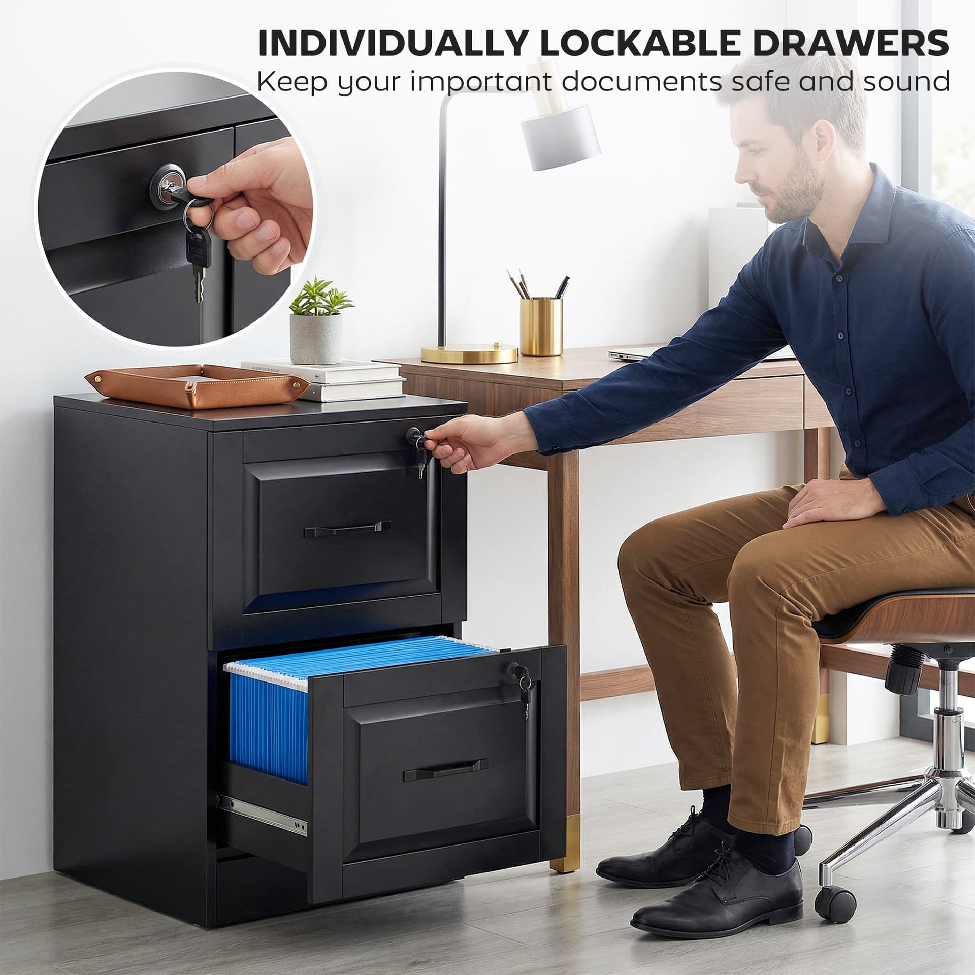 2 Drawer File Cabinet with Lock, Vertical Filing Cabinet with Adjustable Hanging Bars for A4 and Letter Size, Black - Office Cabinets & Cupboards - Office Furniture