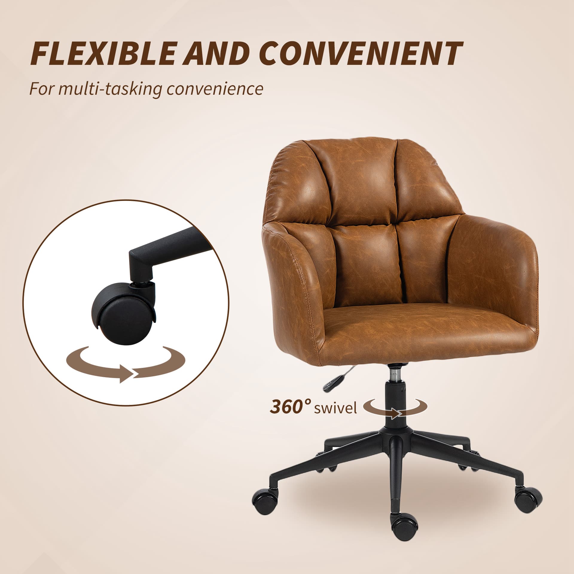 Swivel Office Chair, Faux Leather Desk Chair with Adjustable Height for Living Room, Bedroom, Study, Brown - Task Chairs - Office Furniture