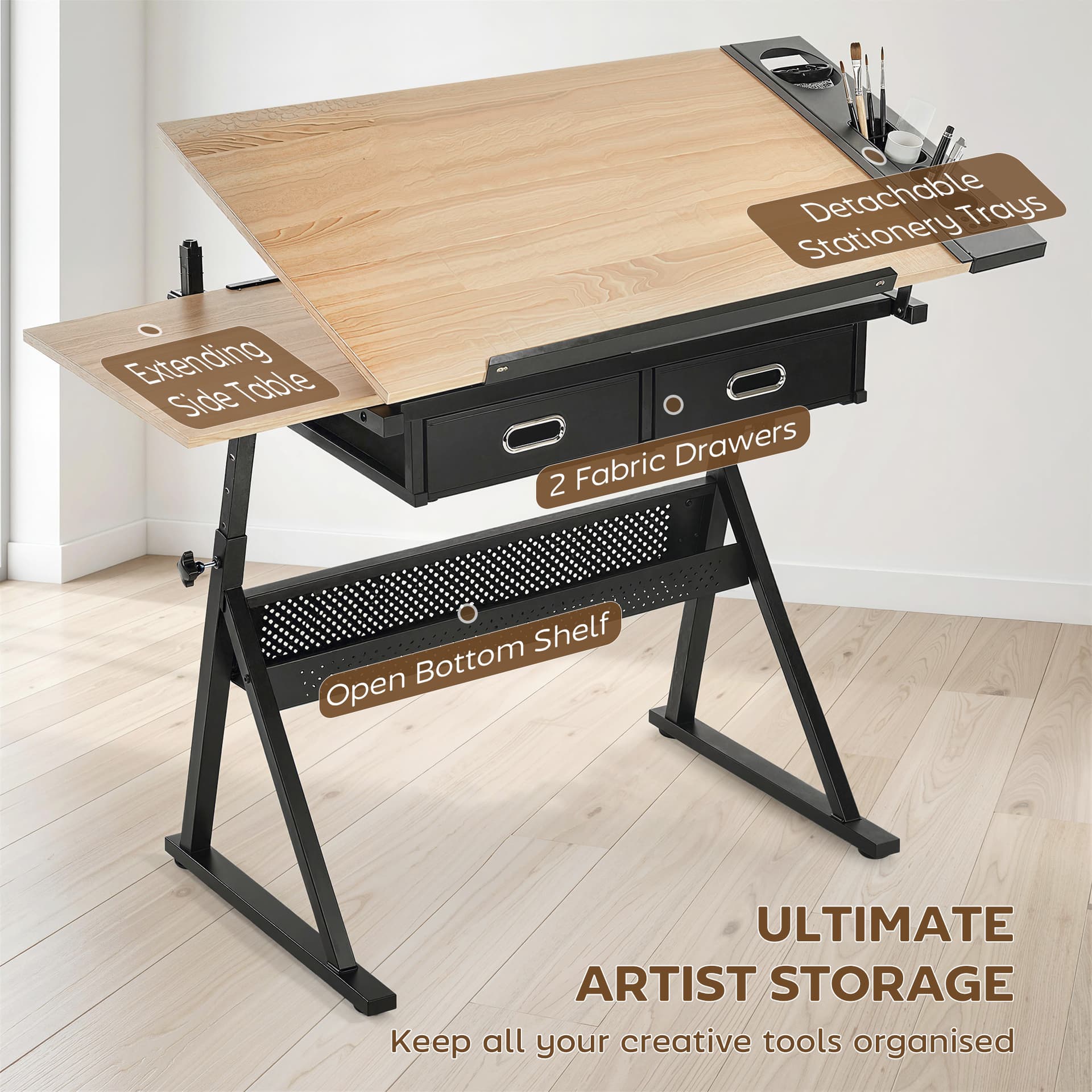 Adjustable Drafting Table, Art Desk Drawing Table Workstation with Stool and Storage Drawers for Painting, Oak - Writing Desks - Office Furniture