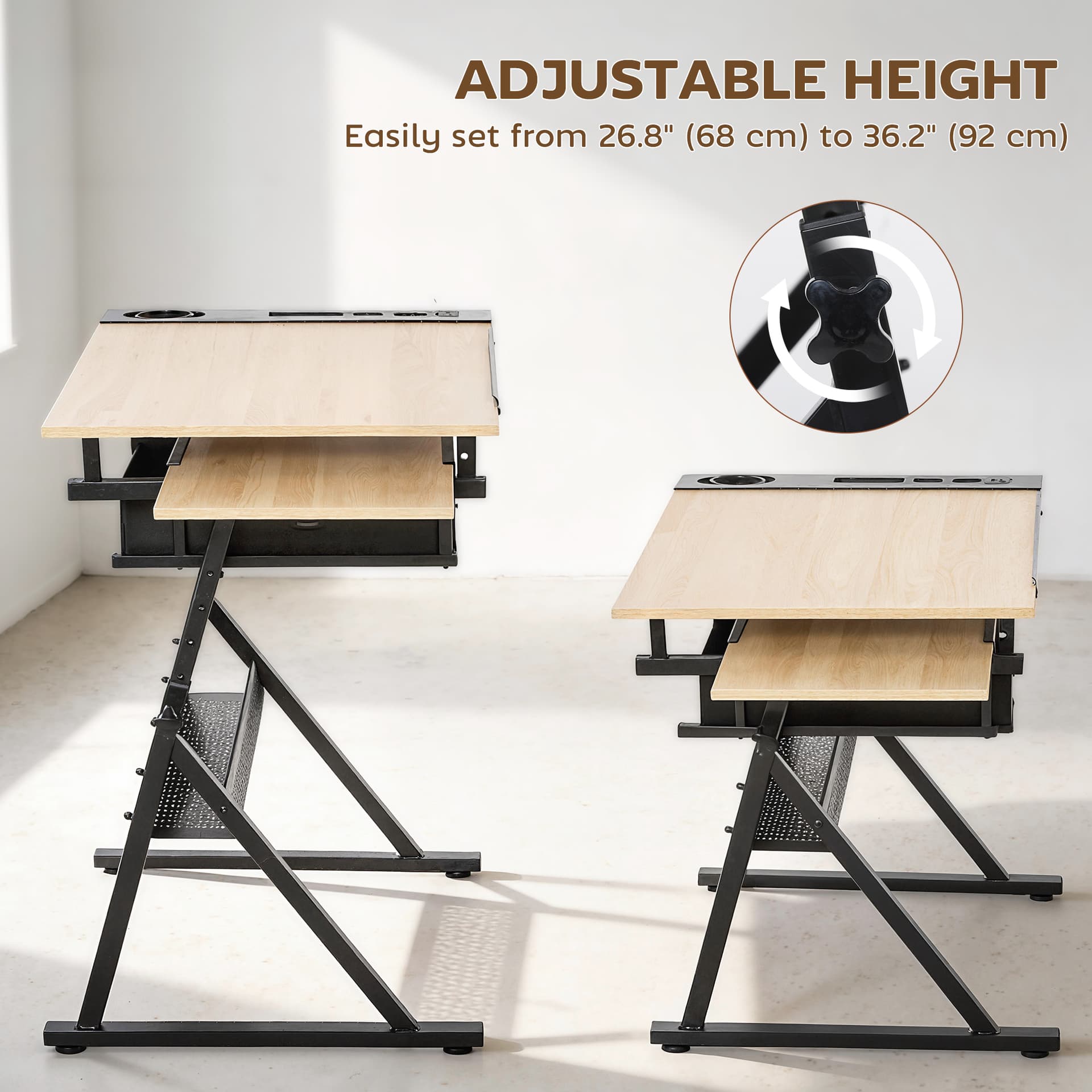 Adjustable Drafting Table, Art Desk Drawing Table Workstation with Stool and Storage Drawers for Painting, Oak - Writing Desks - Office Furniture