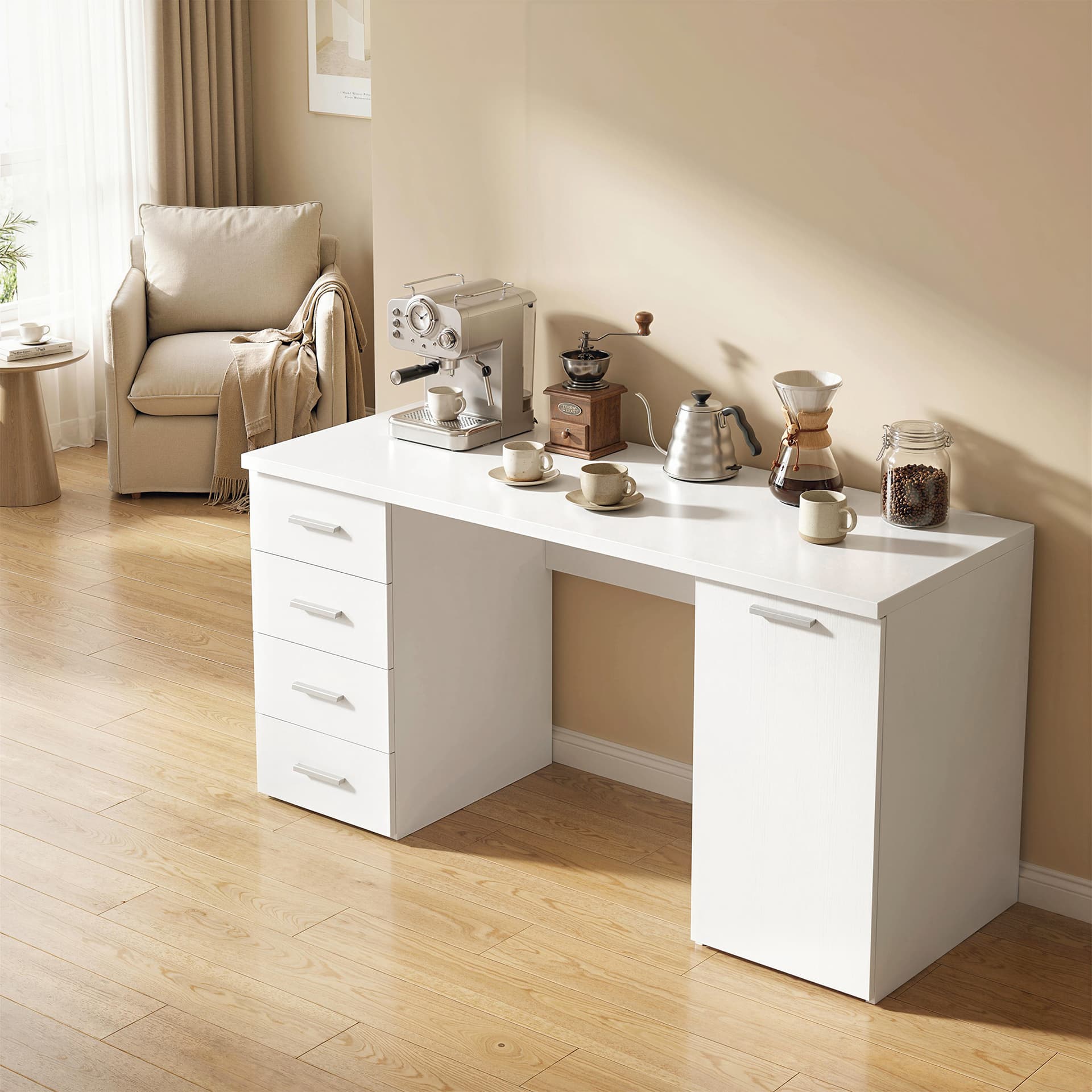 140 cm Computer Desk with Adjustable Shelf Home Office Desk with Drawers and Cabinet White Wood Grain - Computer Desks - Office Furniture