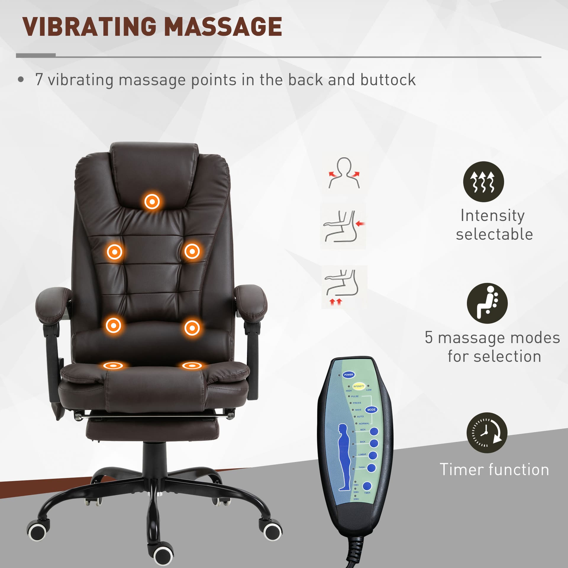 7-Point Vibrating Massage Chair, Reclining Office Chair with Footrest, Reclining Back, Adjustable Height, Brown - Massage Chairs - Office Furniture